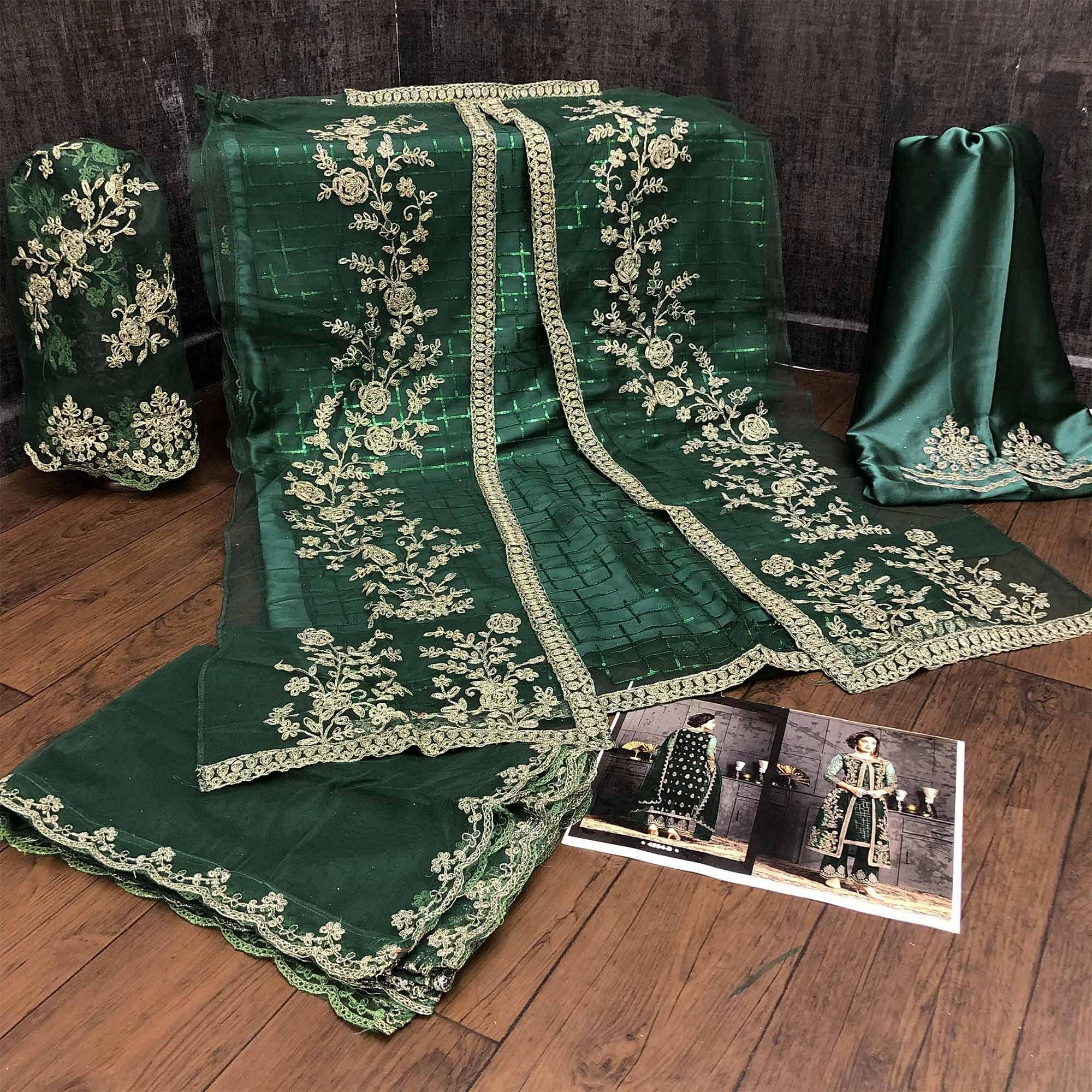 Pleasant Green Coloured Party Wear Floral Embroidered Butterfly Net Pakistani Straight Suit - Peachmode