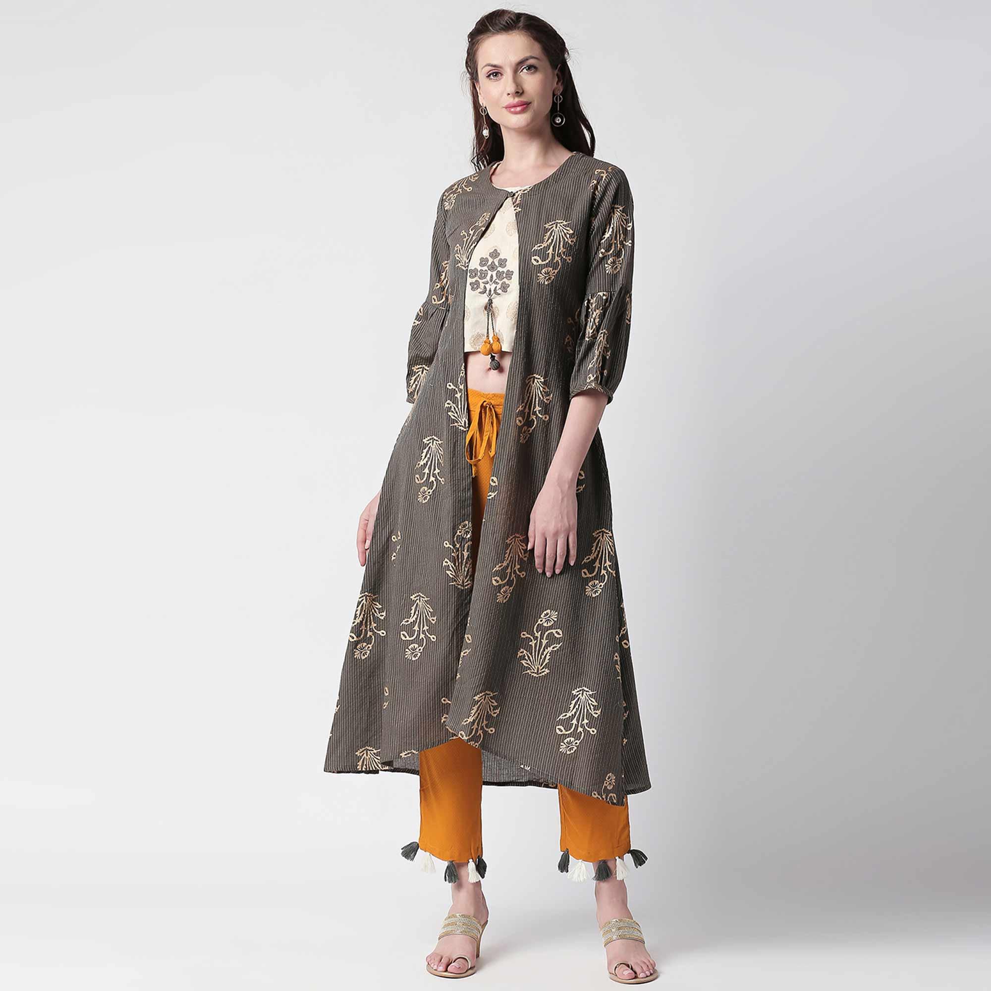 Pleasant Grey Colored Casual Printed Shrug Style Kurti - Palazzo Set - Peachmode