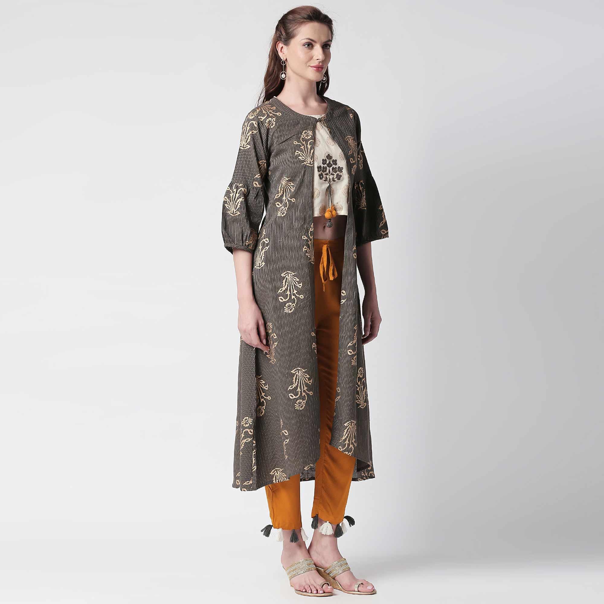 Pleasant Grey Colored Casual Printed Shrug Style Kurti - Palazzo Set - Peachmode