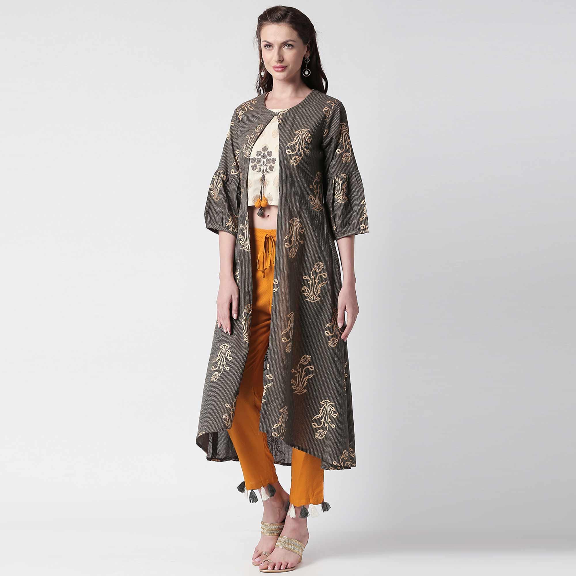 Pleasant Grey Colored Casual Printed Shrug Style Kurti - Palazzo Set - Peachmode