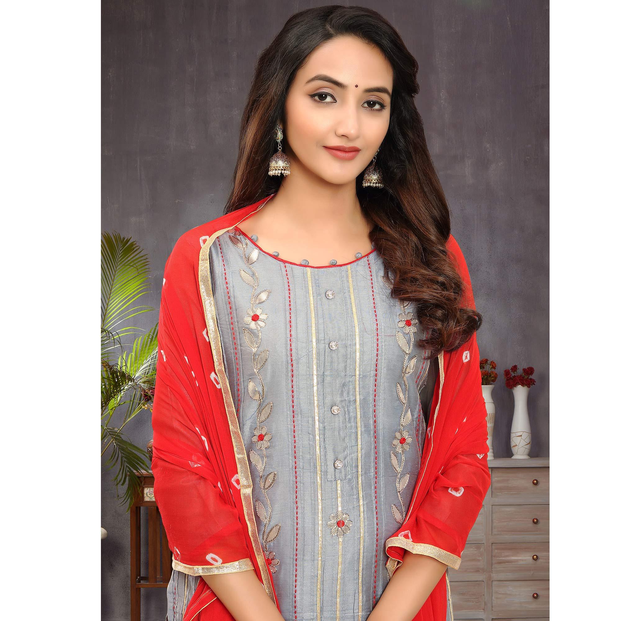 Pleasant Grey Colored Festive Wear Embroidered Modal Silk Dress Material - Peachmode