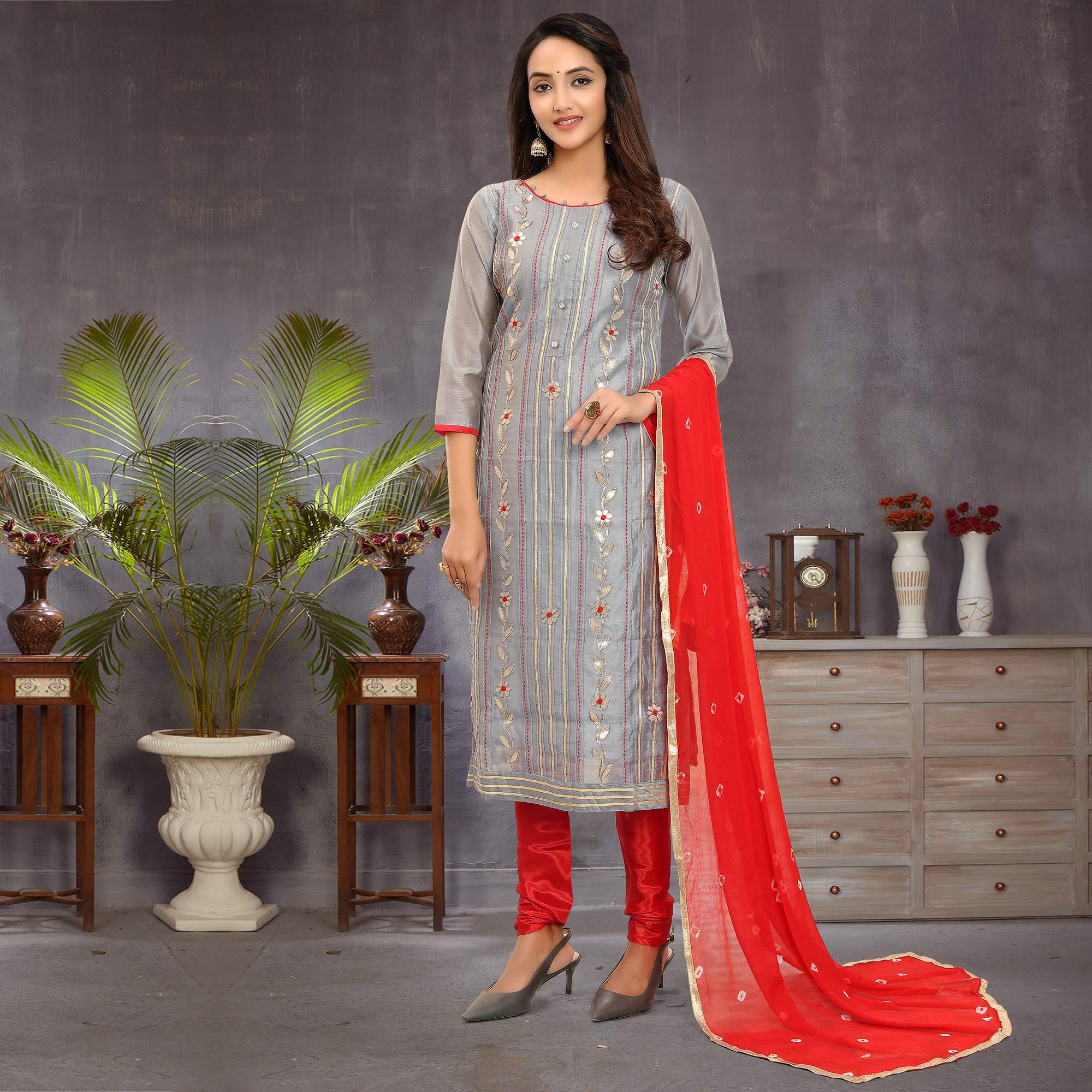 Pleasant Grey Colored Festive Wear Embroidered Modal Silk Dress Material - Peachmode