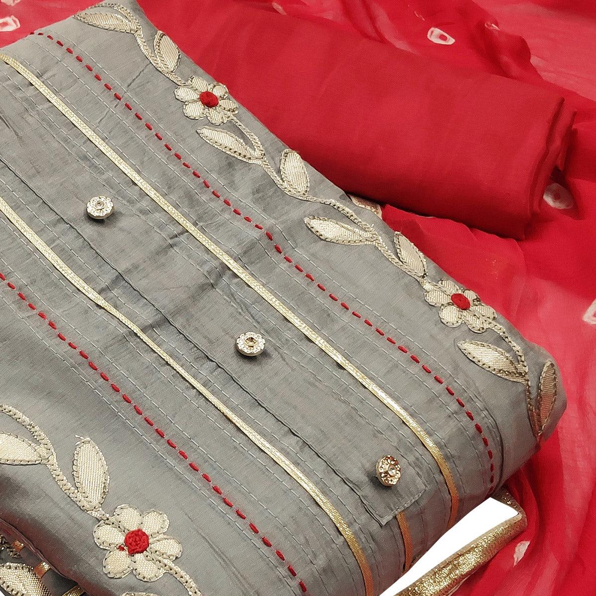 Pleasant Grey Colored Festive Wear Embroidered Modal Silk Dress Material - Peachmode