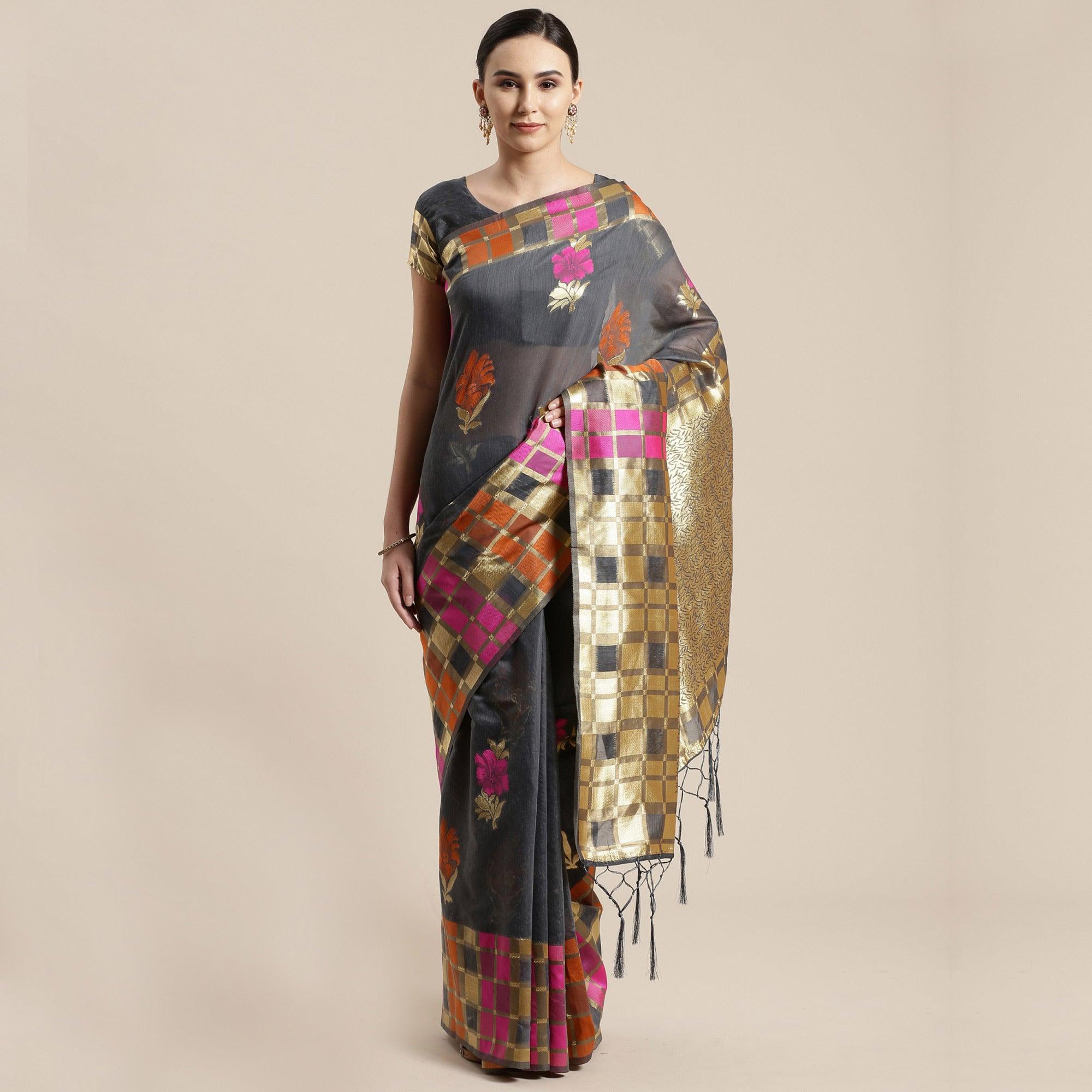 Pleasant Grey Colored Festive Wear Woven Floral Cotton Silk Saree With Tassels - Peachmode