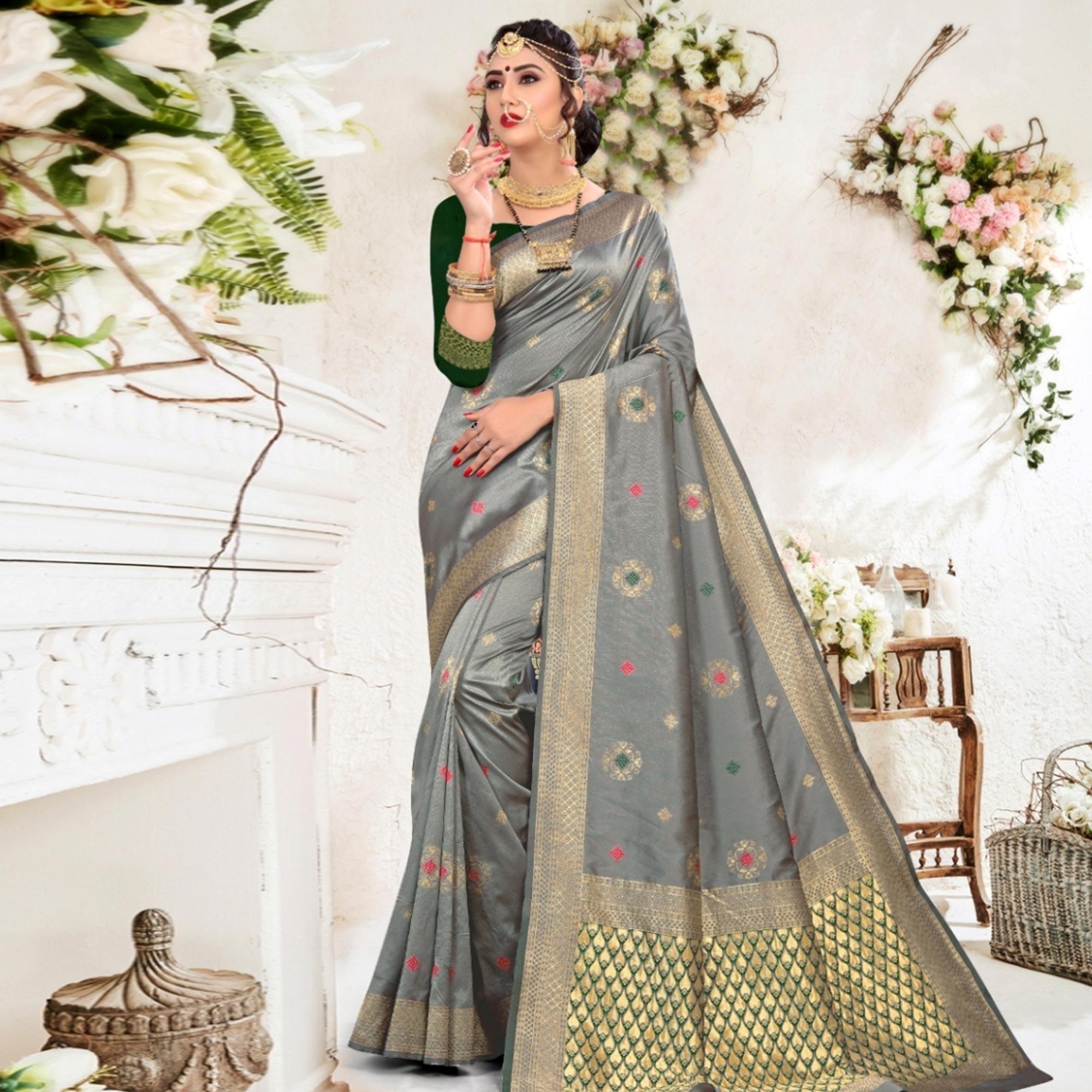 Pleasant Grey Colored Festive Wear Woven Lichi Silk Saree - Peachmode