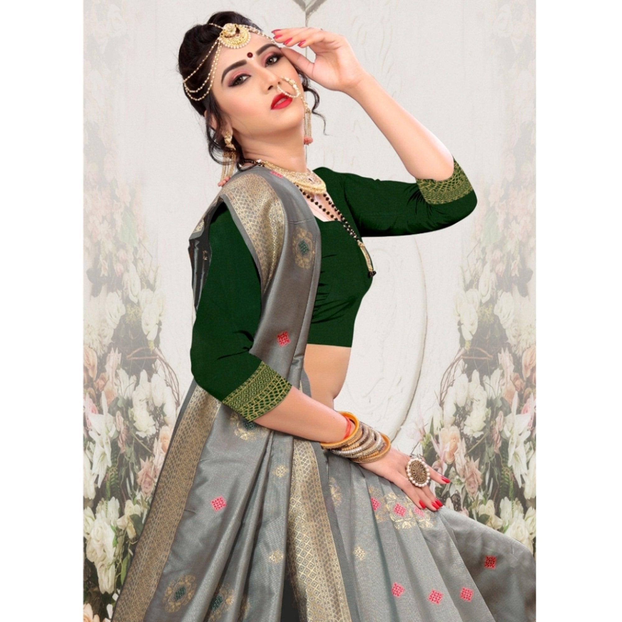 Pleasant Grey Colored Festive Wear Woven Lichi Silk Saree - Peachmode