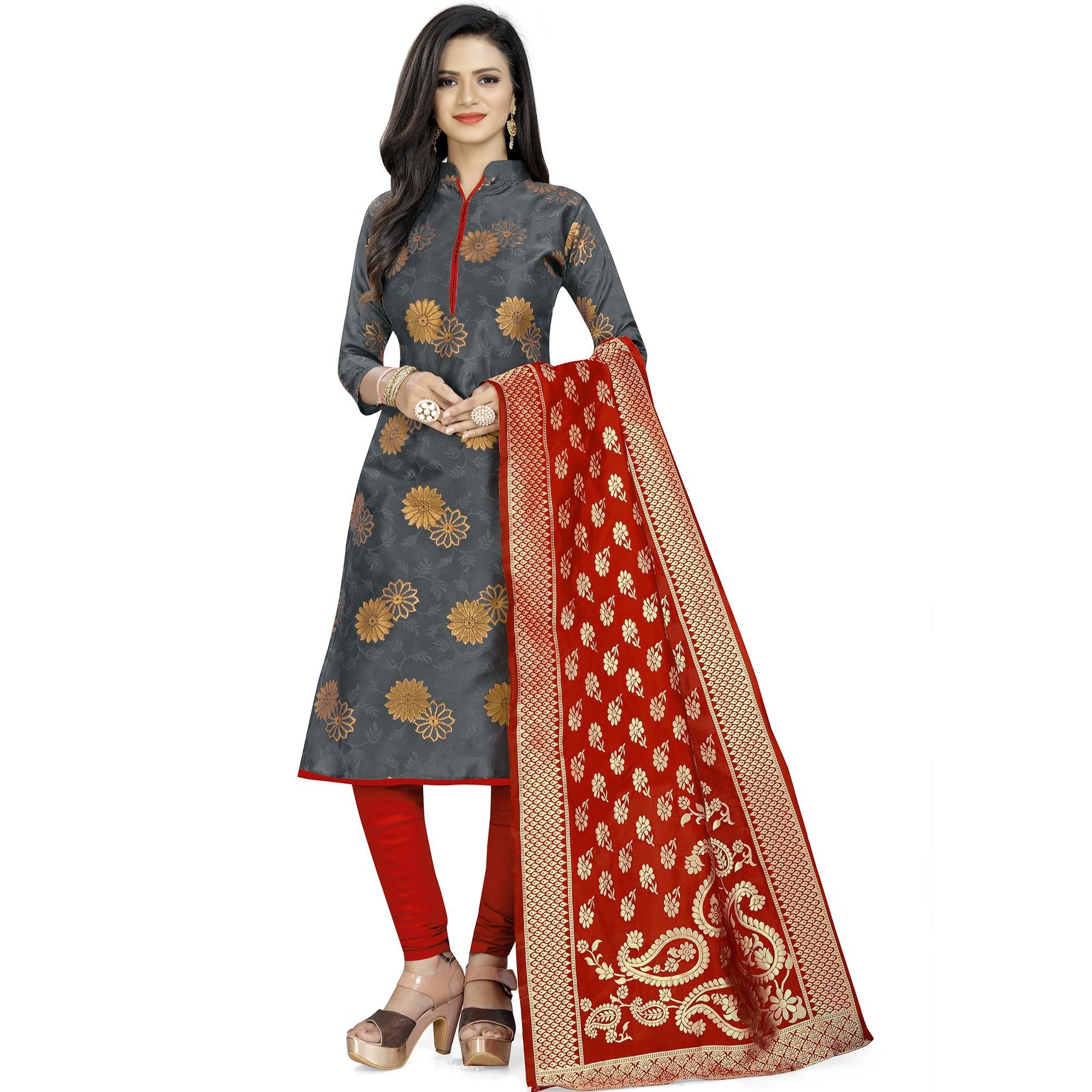 Pleasant Grey Colored Party Wear Woven Banarasi Silk Dress Material - Peachmode