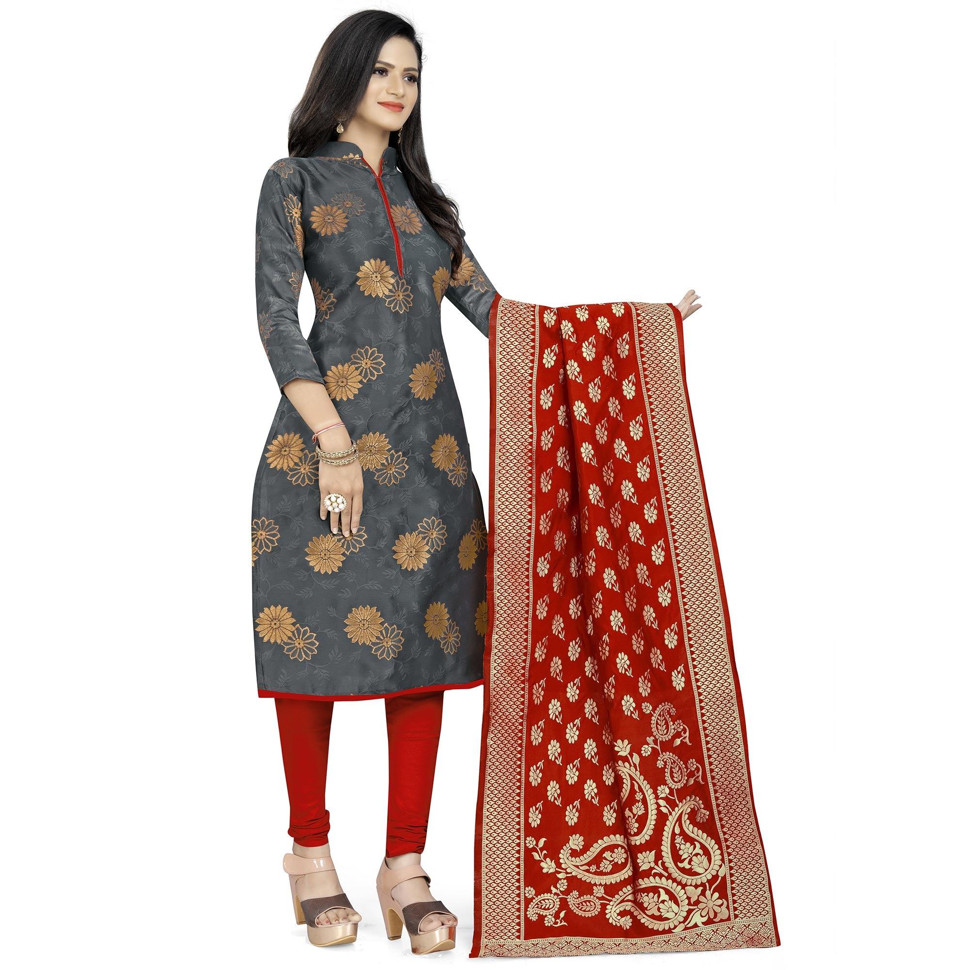 Pleasant Grey Colored Party Wear Woven Banarasi Silk Dress Material - Peachmode