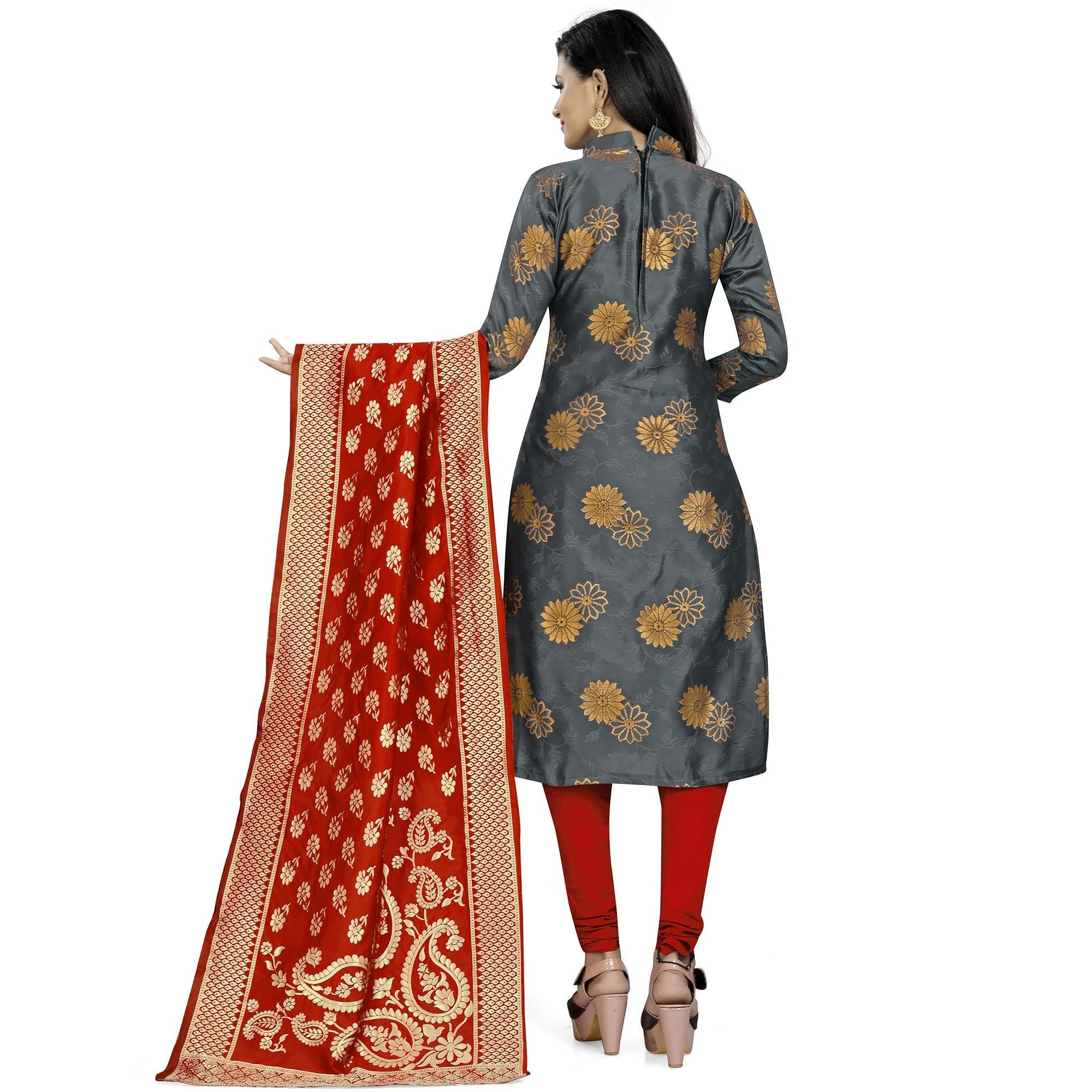 Pleasant Grey Colored Party Wear Woven Banarasi Silk Dress Material - Peachmode