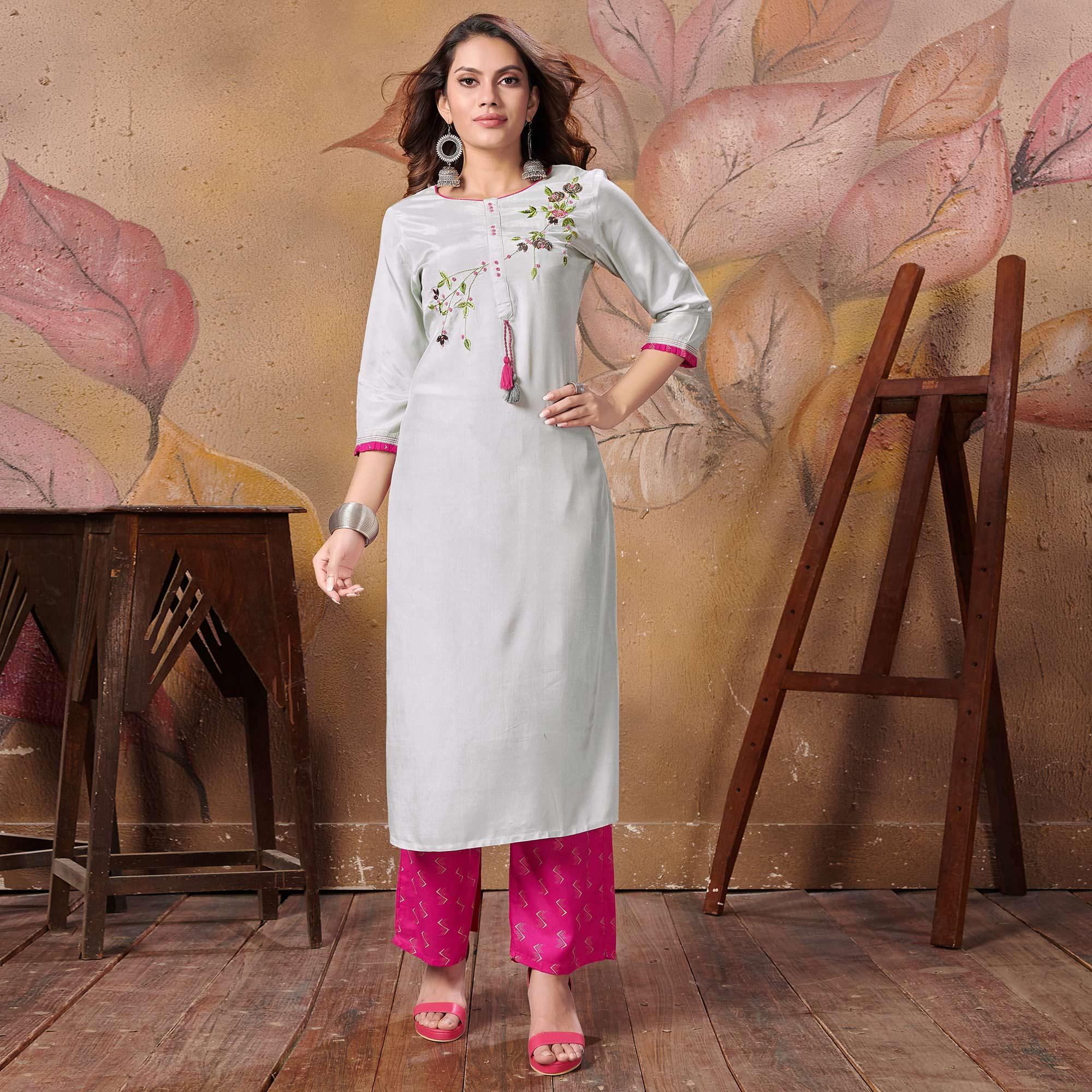 Pleasant Grey Colored Partywear Floral Embroidered Silk Kurti-Palazzo Set - Peachmode