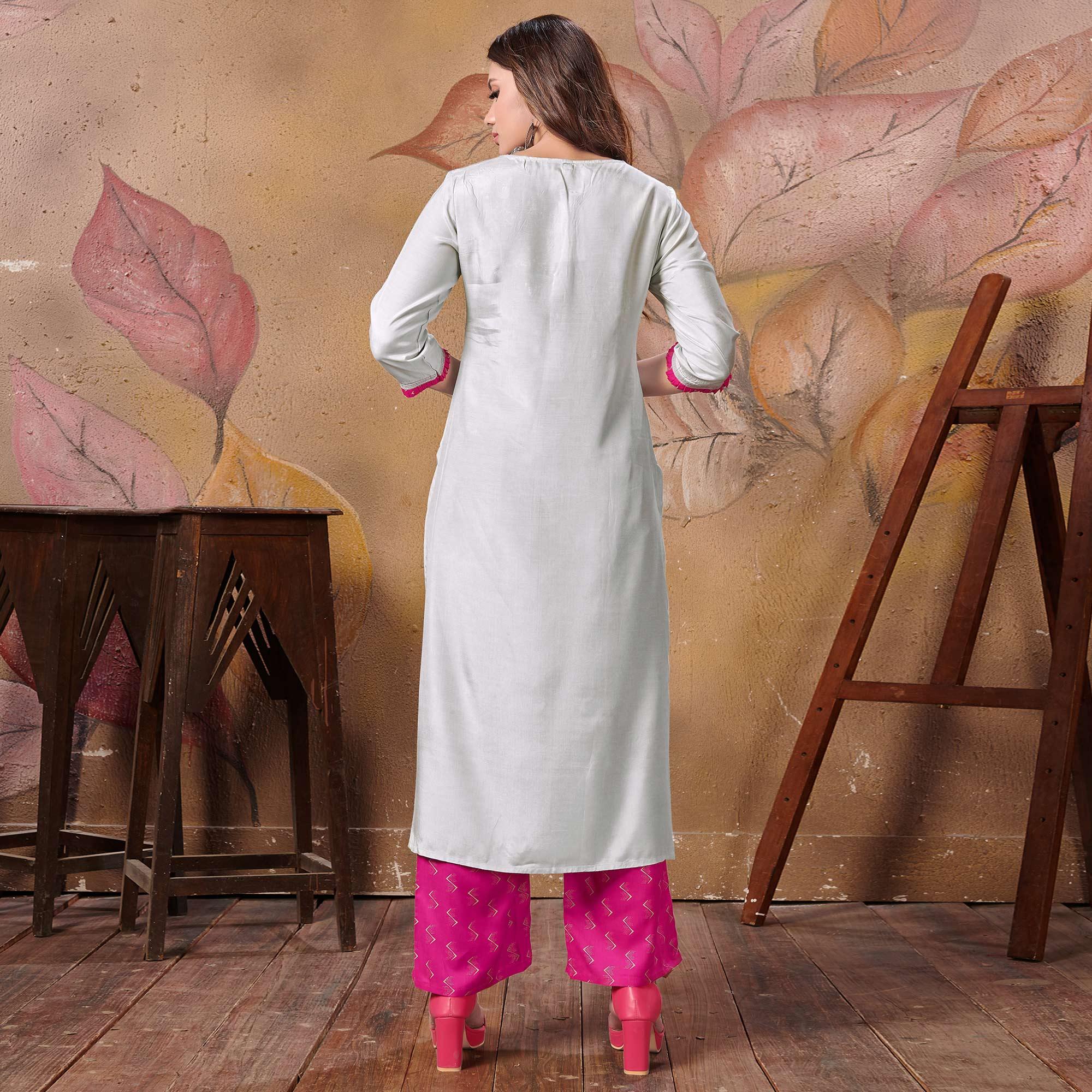 Pleasant Grey Colored Partywear Floral Embroidered Silk Kurti-Palazzo Set - Peachmode