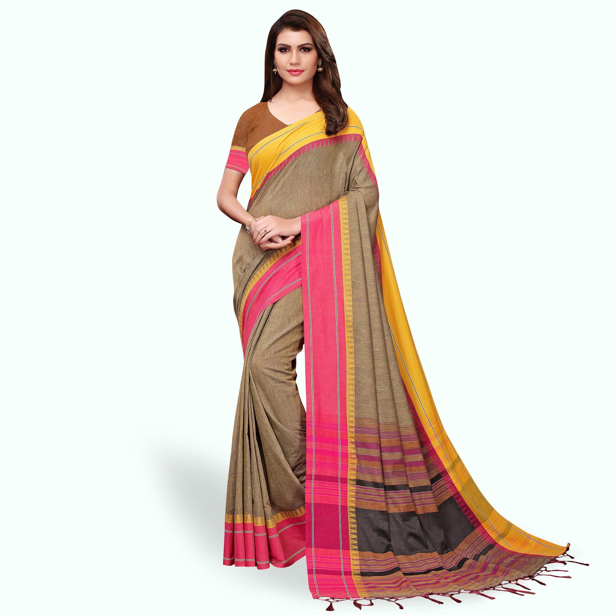 Pleasant Khaki Colored Festive Wear Linen Saree - Peachmode