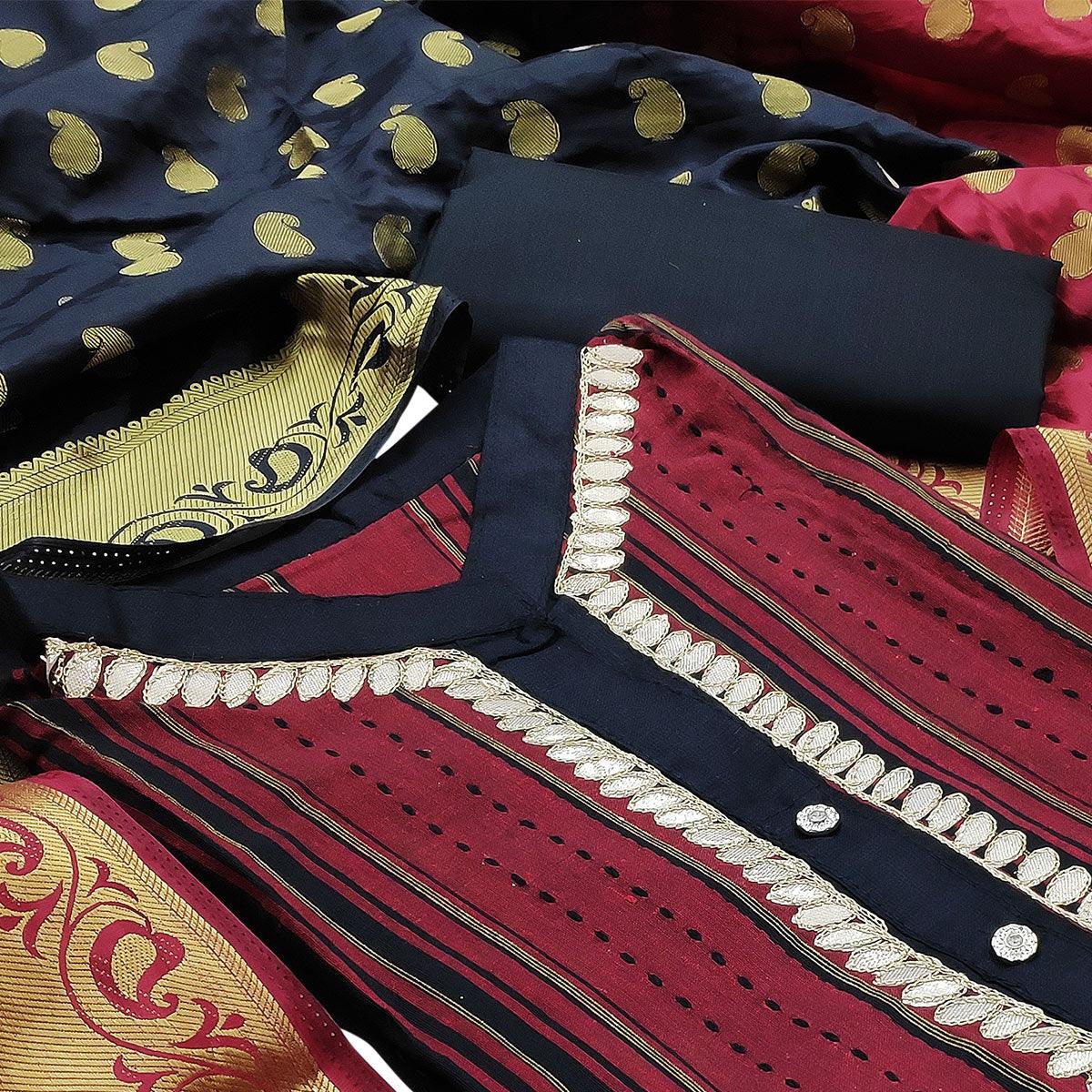 Pleasant Maroon Colored Festive Wear Embroidered Woven Cotton Dress Material - Peachmode