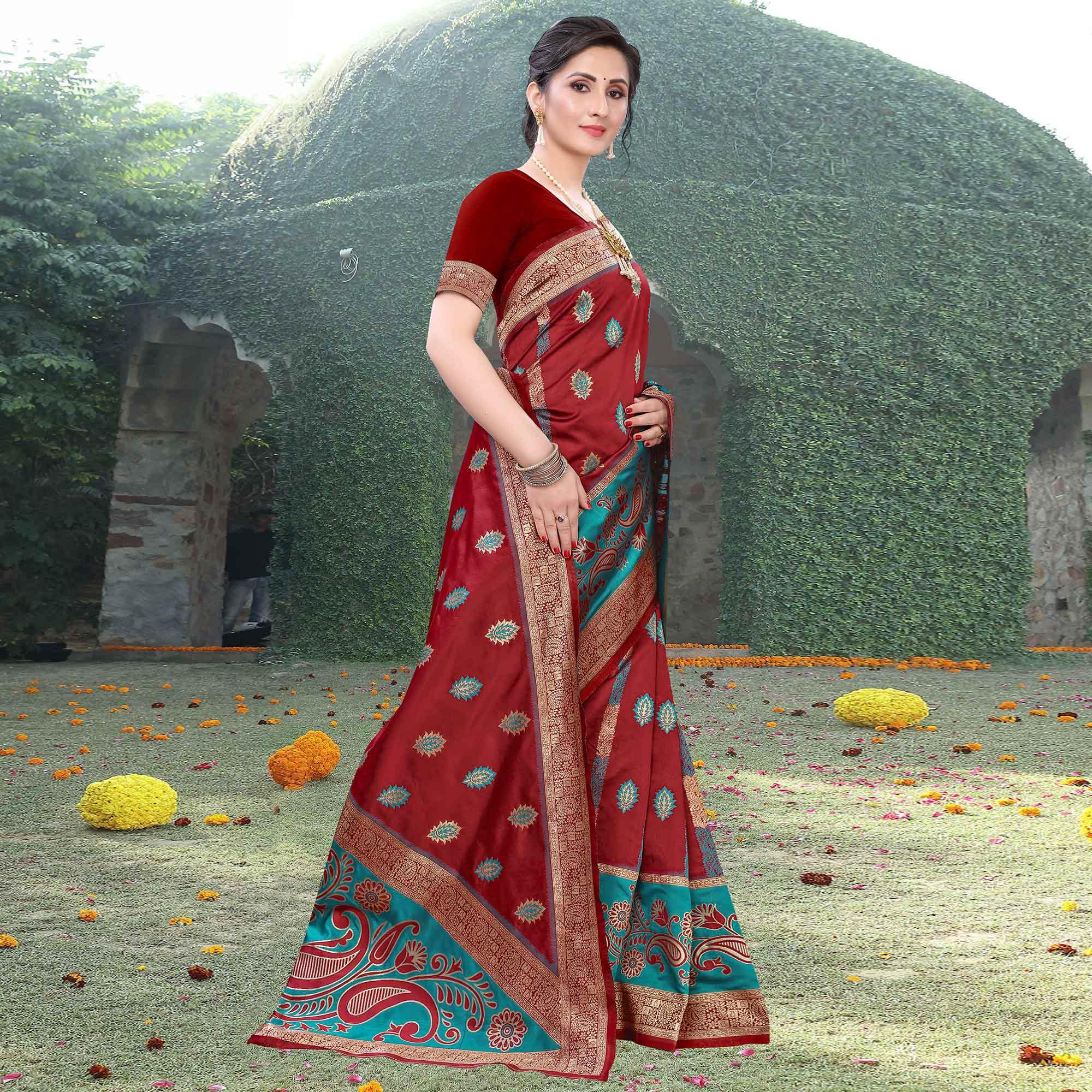 Pleasant Maroon Colored Festive Wear Woven Heavy Banarasi Silk Saree - Peachmode