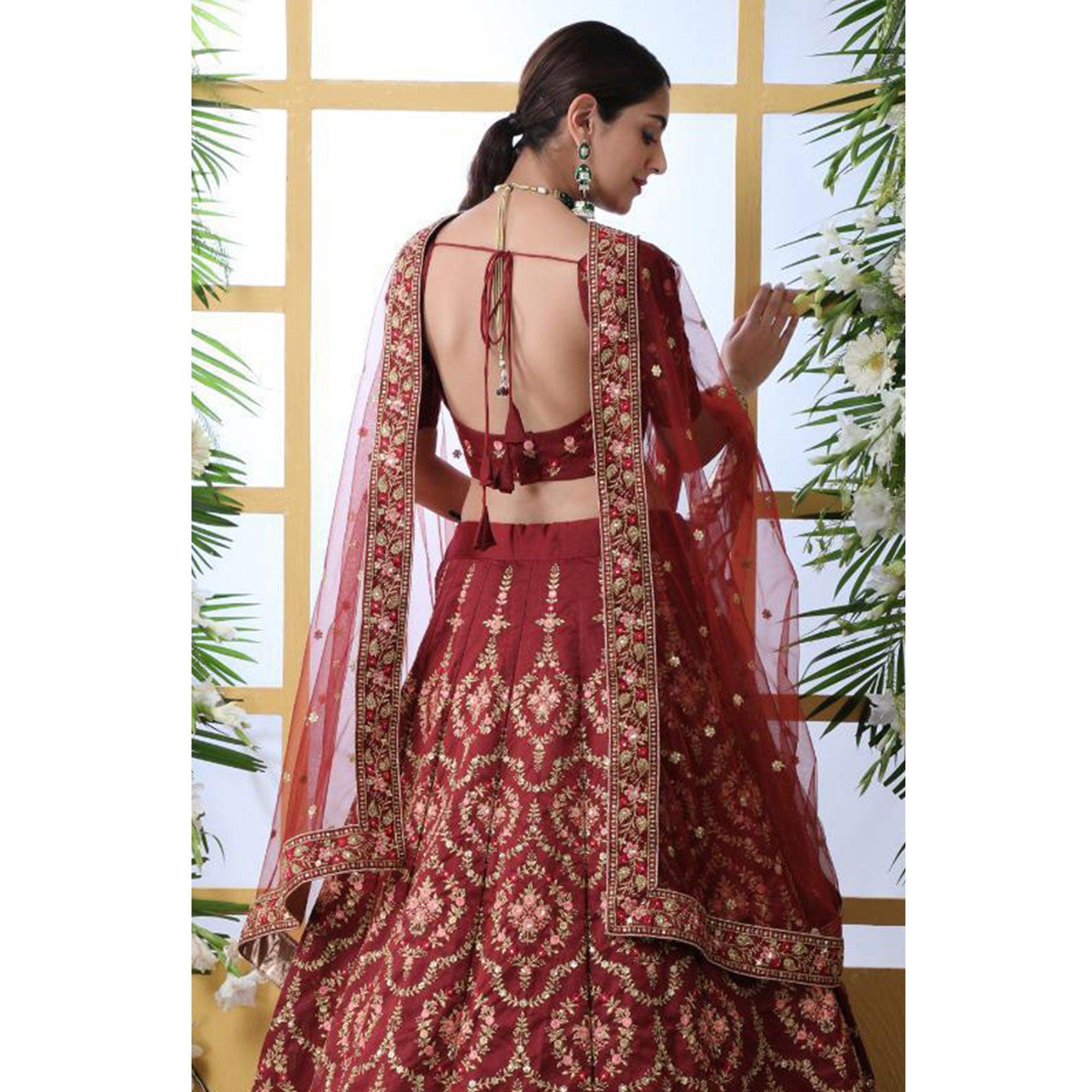 Pleasant Maroon Colored Party Wear Floral Embroidered Art Silk Lehenga Choli - Peachmode