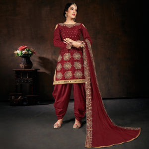 Pleasant Maroon Coloured Partywear Designer Embroidered Heavy Faux Georgette Patiala Suit - Peachmode