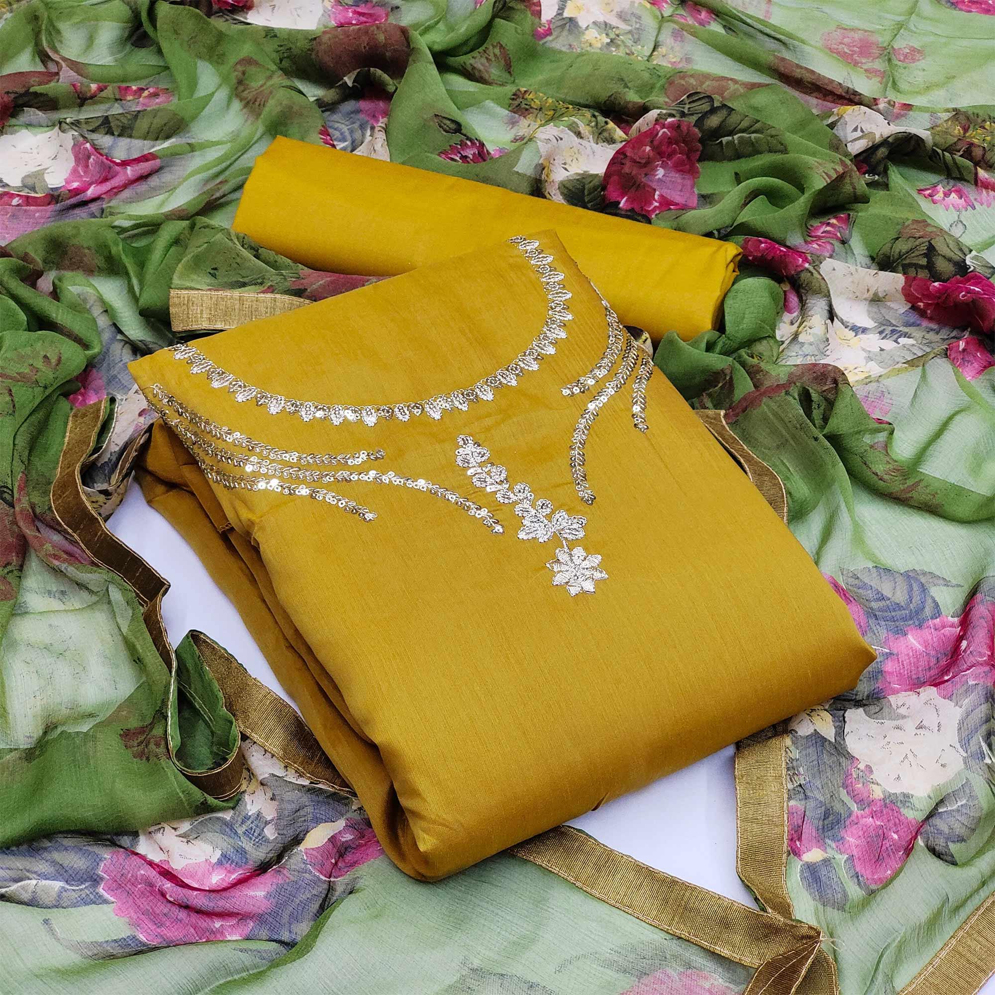 Pleasant Mustard Yellow Colored Casual Wear Embroidered Chanderi Dress Material - Peachmode