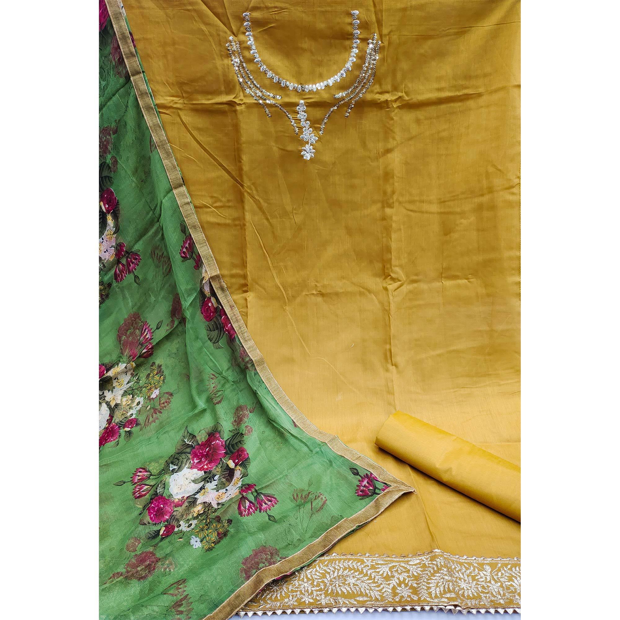 Pleasant Mustard Yellow Colored Casual Wear Embroidered Chanderi Dress Material - Peachmode