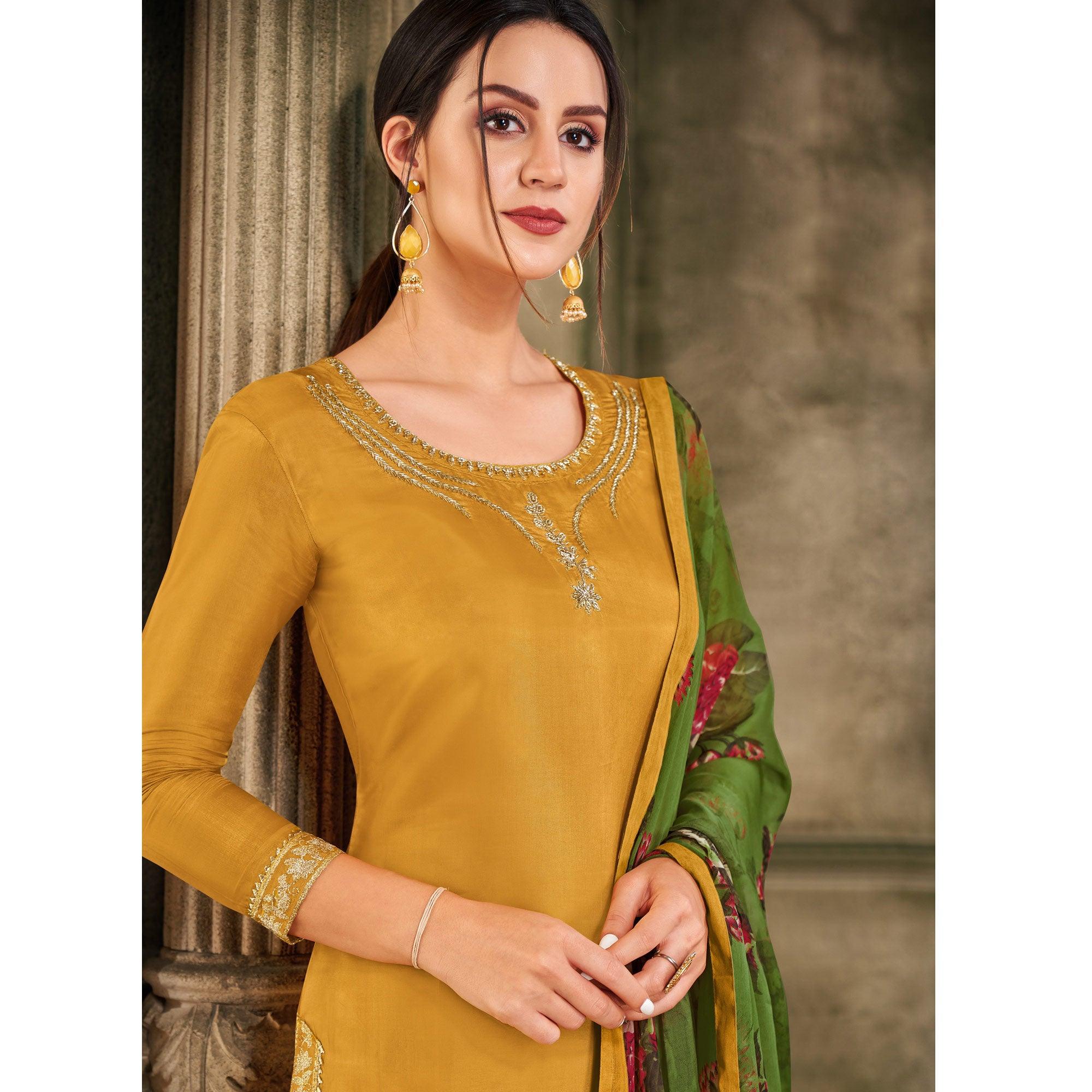 Pleasant Mustard Yellow Colored Casual Wear Embroidered Chanderi Dress Material - Peachmode
