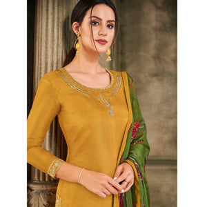 Pleasant Mustard Yellow Colored Casual Wear Embroidered Chanderi Dress Material - Peachmode