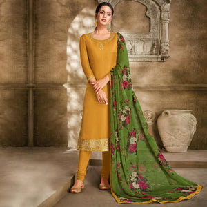 Pleasant Mustard Yellow Colored Casual Wear Embroidered Chanderi Dress Material - Peachmode