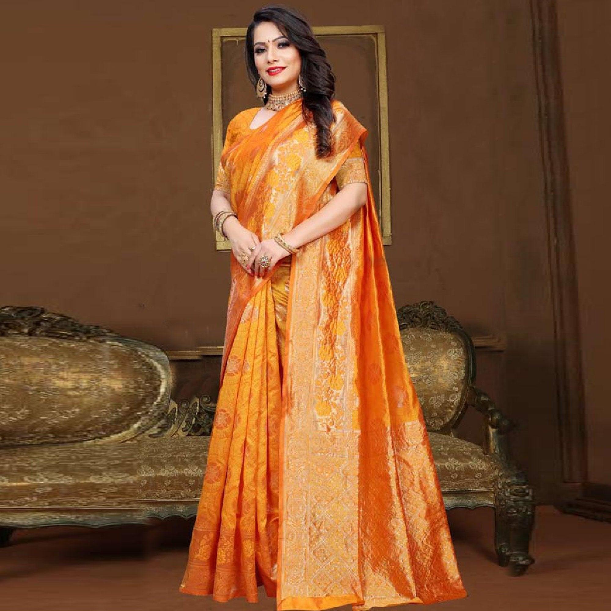 Pleasant Mustard Yellow Colored Festive Wear Woven Art Silk Saree - Peachmode