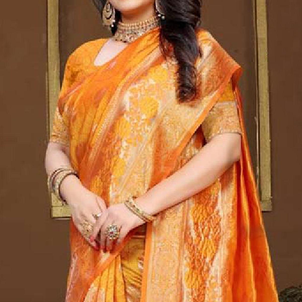 Pleasant Mustard Yellow Colored Festive Wear Woven Art Silk Saree - Peachmode