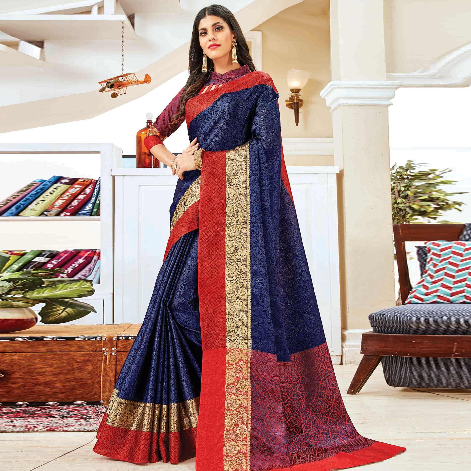 Pleasant Navy Blue Colored Festive Wear Woven Handloom Silk Saree - Peachmode