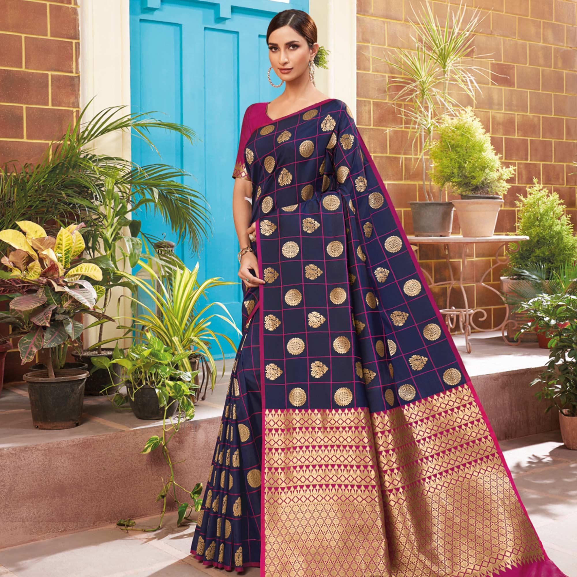 Pleasant Navy Blue Colored Festive Wear Woven Silk Saree - Peachmode