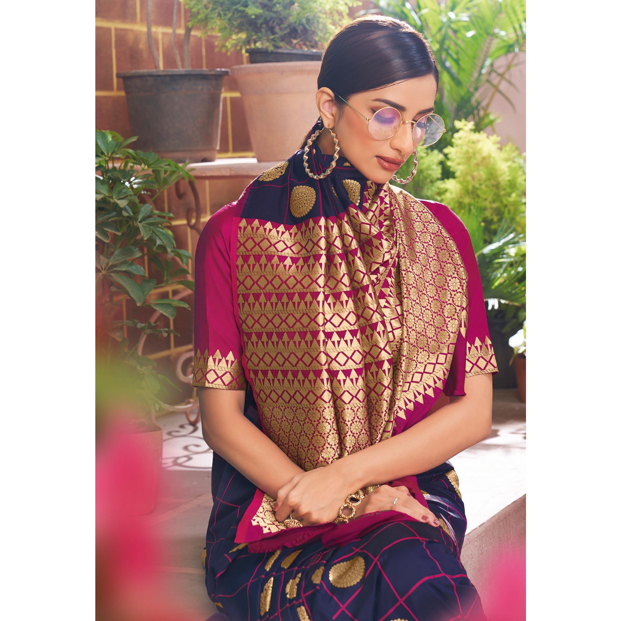 Pleasant Navy Blue Colored Festive Wear Woven Silk Saree - Peachmode