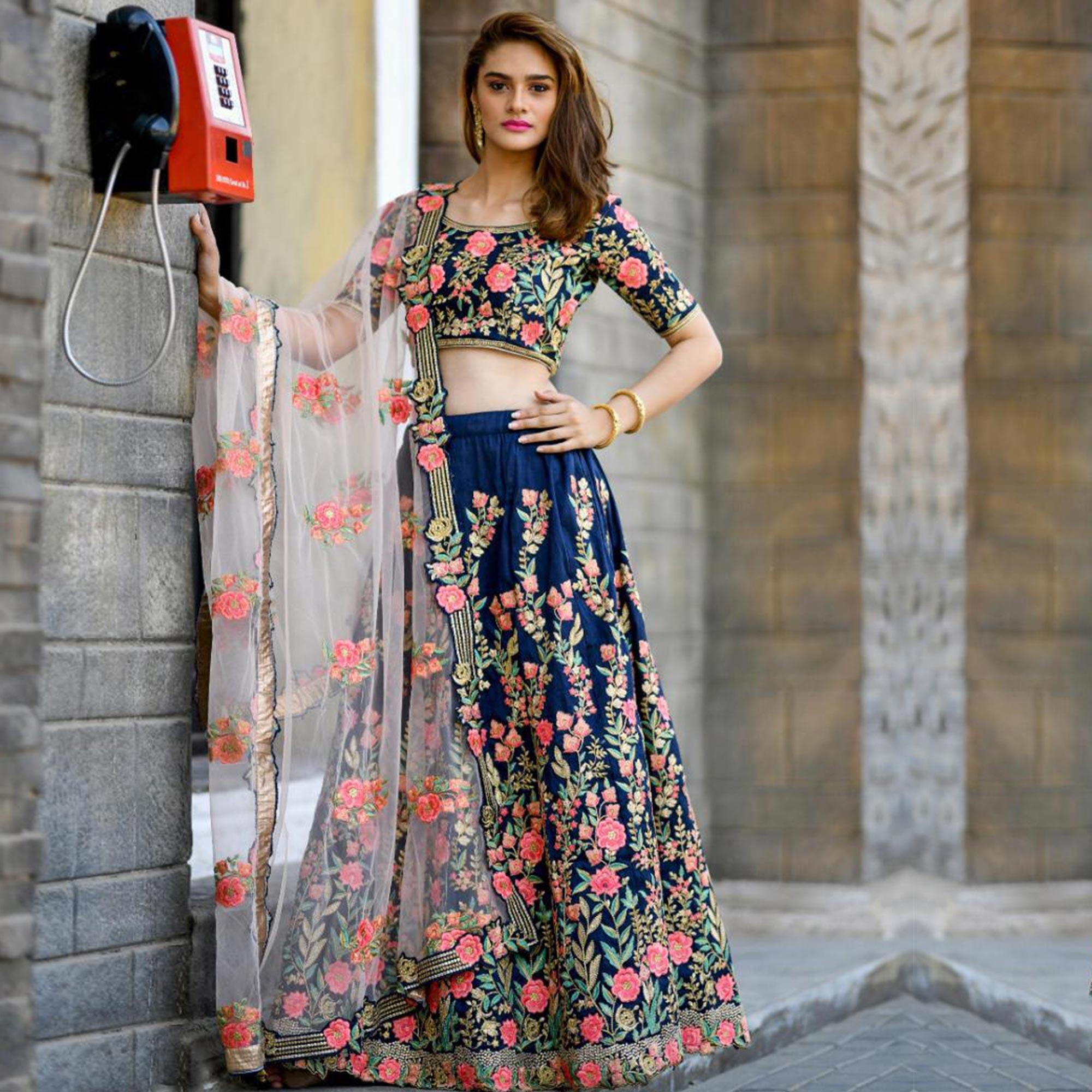 Pleasant Navy Blue Colored Party Wear Embroidered Silk Lehenga Choli - Peachmode