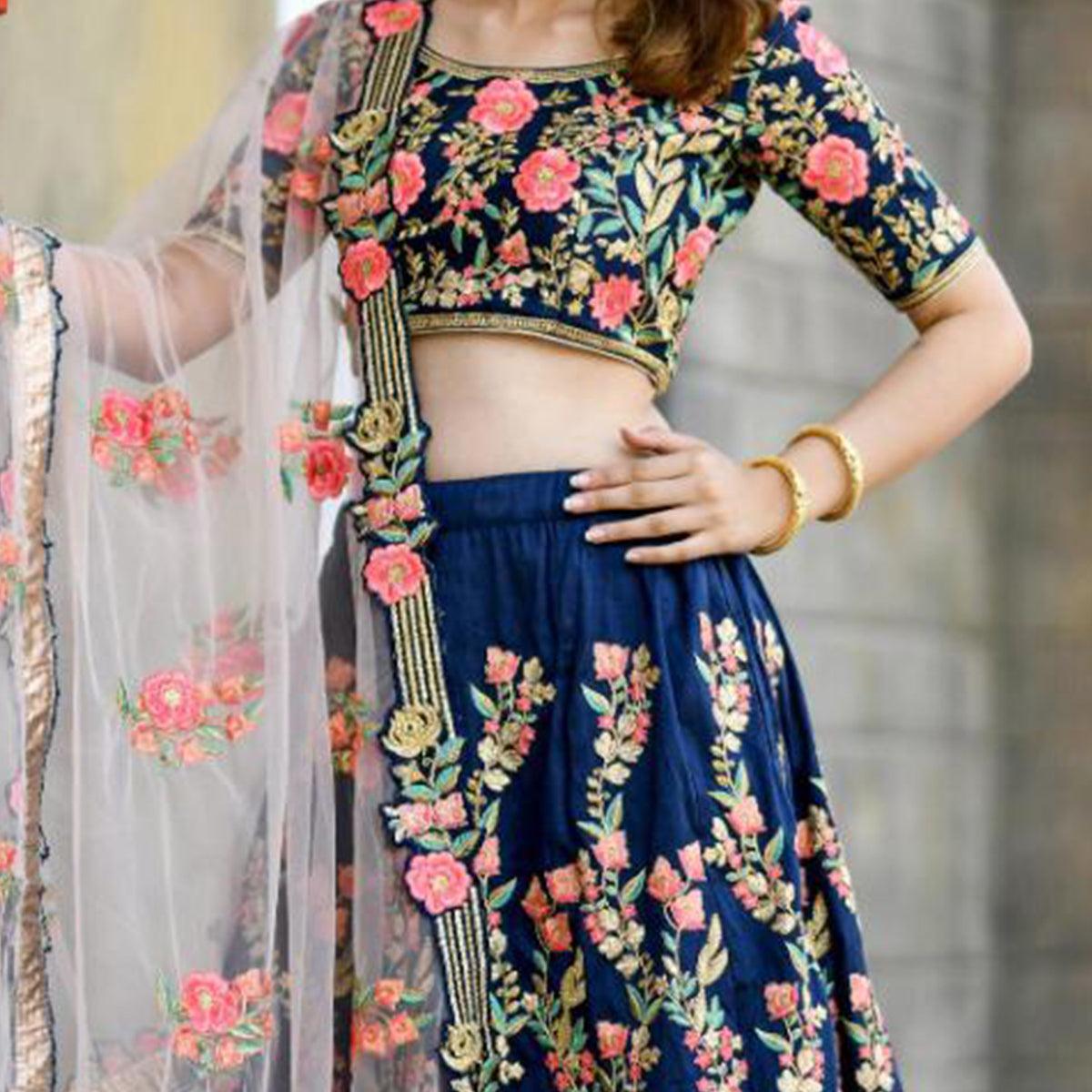 Pleasant Navy Blue Colored Party Wear Embroidered Silk Lehenga Choli - Peachmode