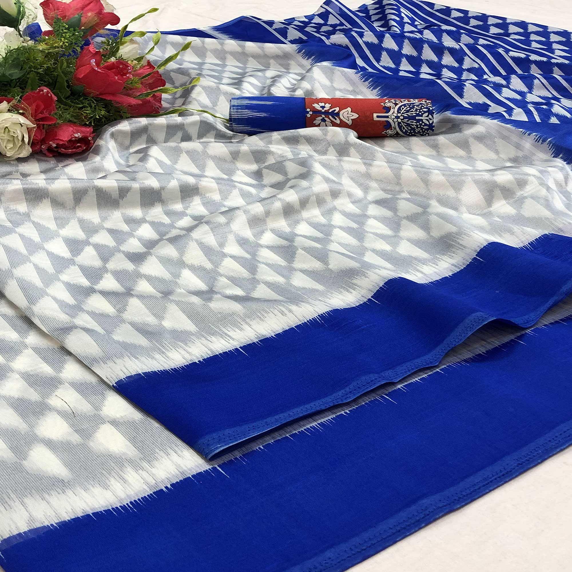 Pleasant Offwhite - Grey Colored Partywear Printed Silk Saree - Peachmode
