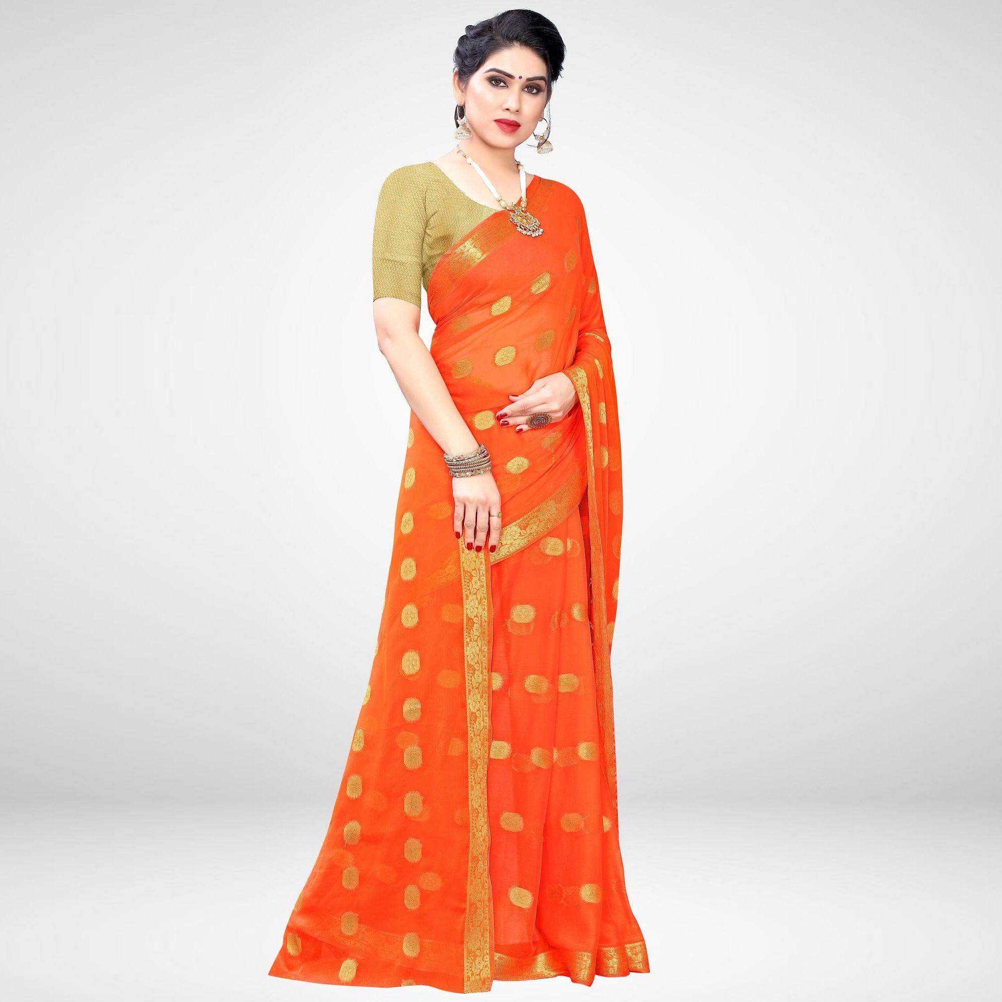 Pleasant Orange Colored Casual Wear Printed Chiffon Saree - Peachmode