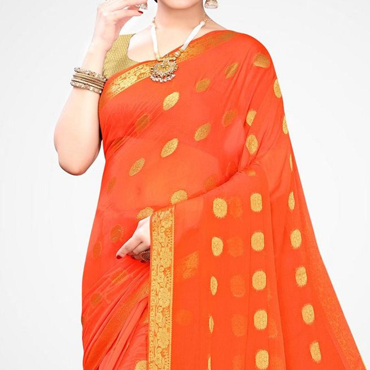 Pleasant Orange Colored Casual Wear Printed Chiffon Saree - Peachmode