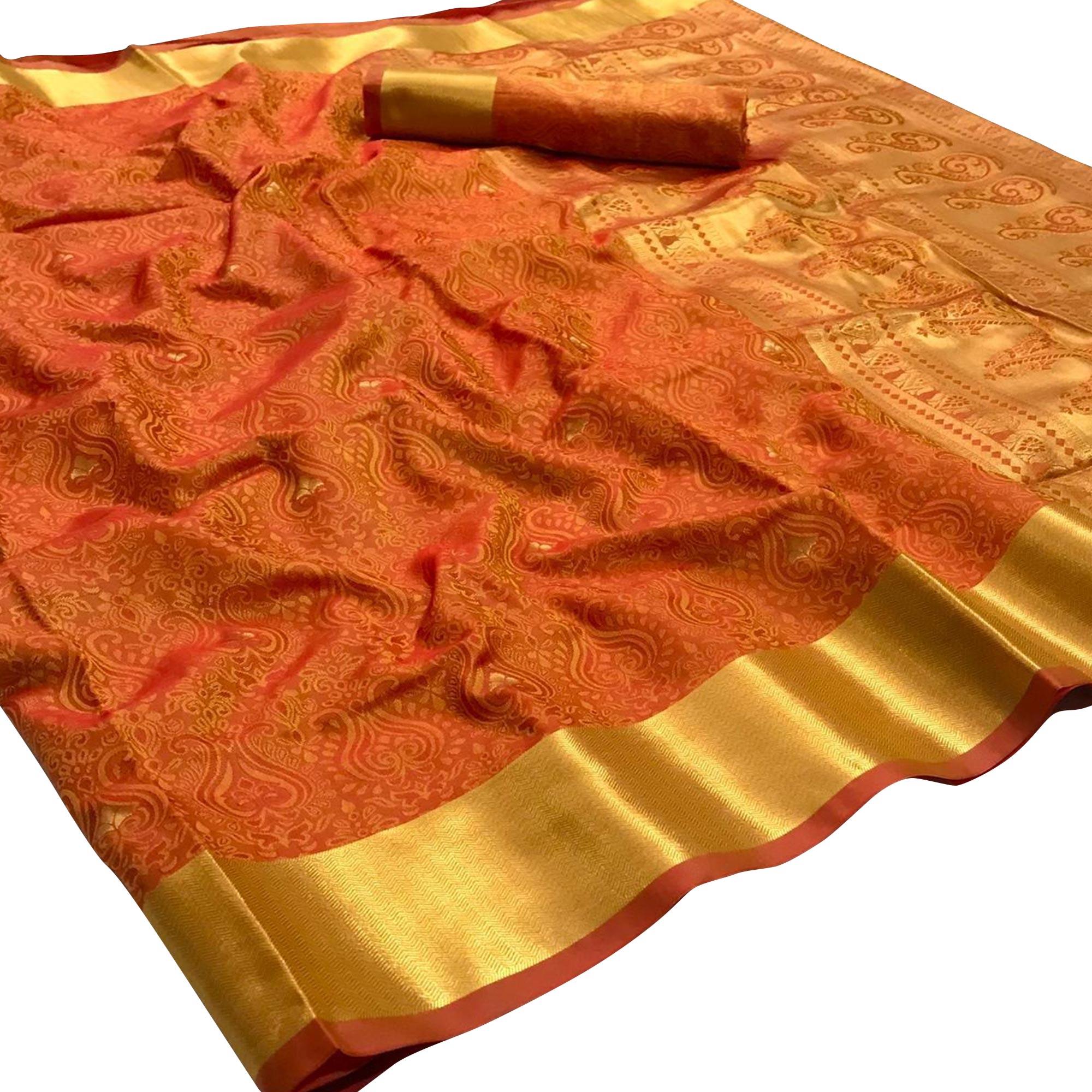 Pleasant Orange Colored Festive Wear Woven Pure Kanjivaram Silk Saree - Peachmode