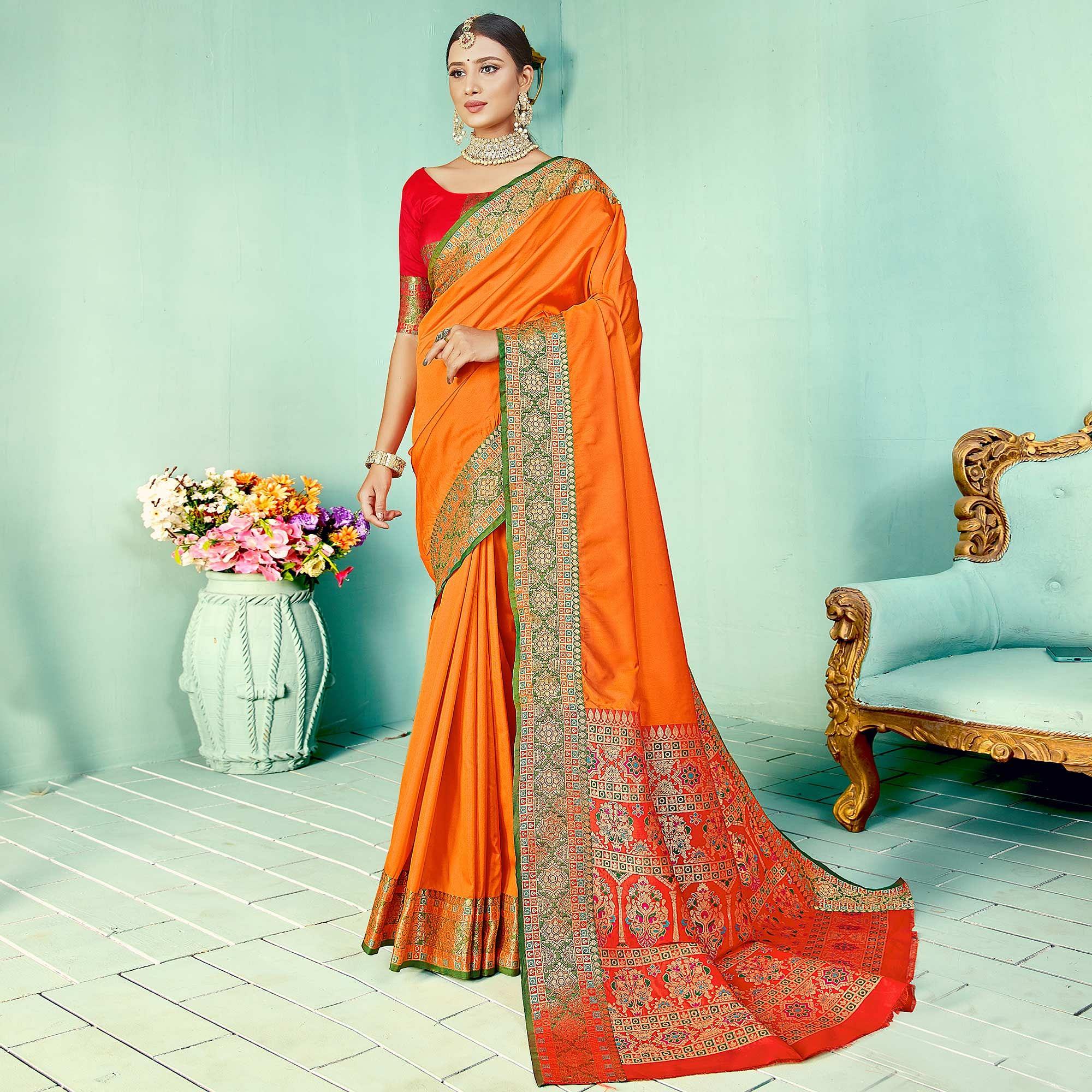Pleasant Orange Coloured Partywear Woven Silk Saree - Peachmode