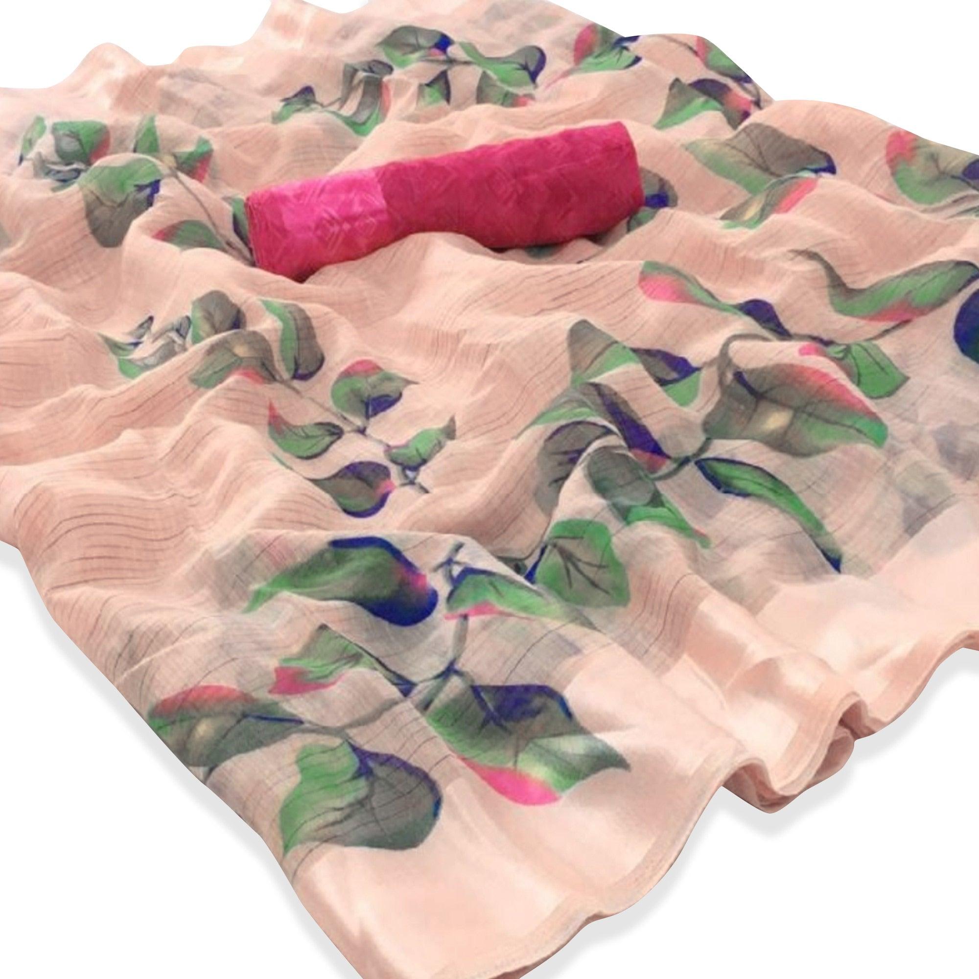 Pleasant Peach Colored Casual Floral Printed Linen Saree - Peachmode