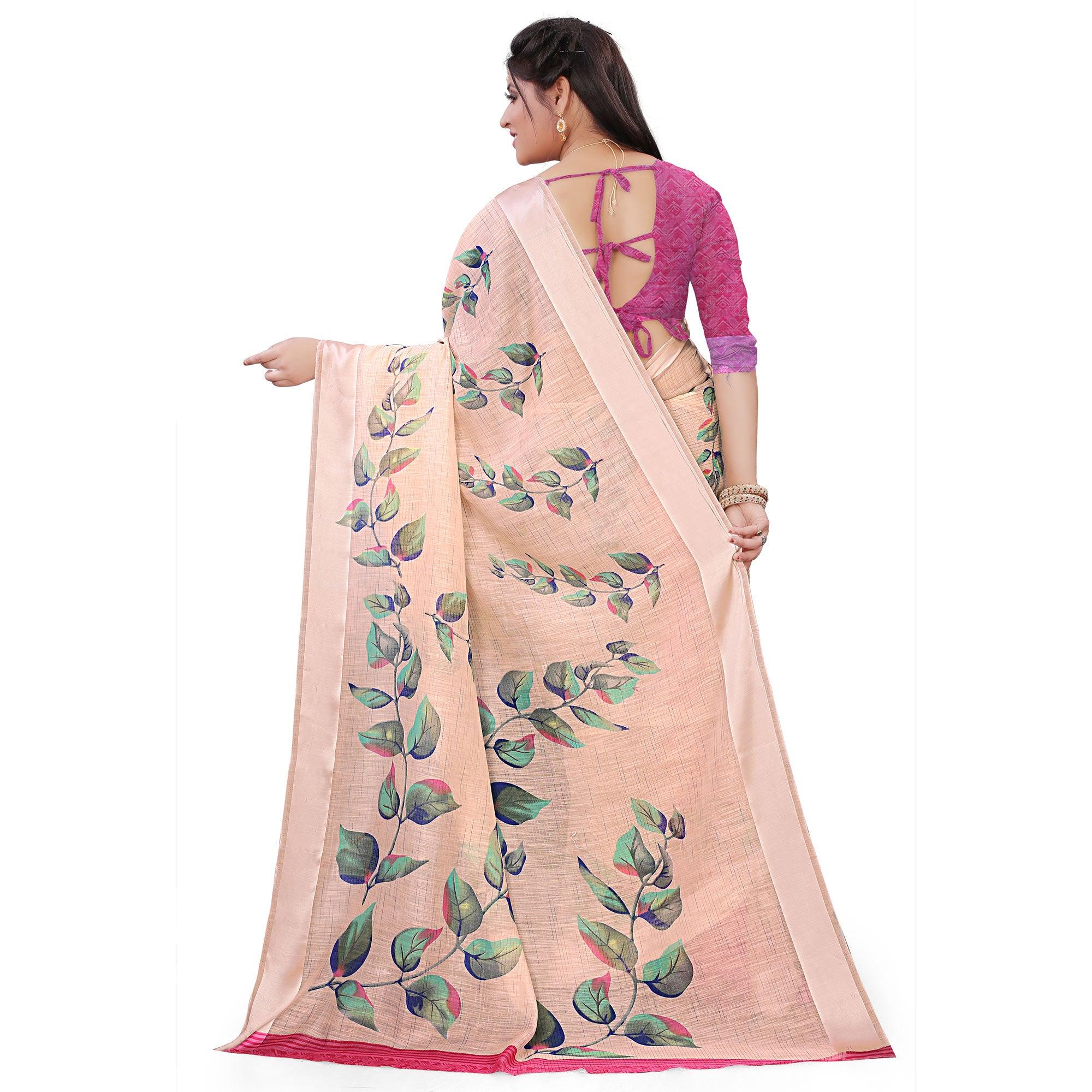 Pleasant Peach Colored Casual Floral Printed Linen Saree - Peachmode