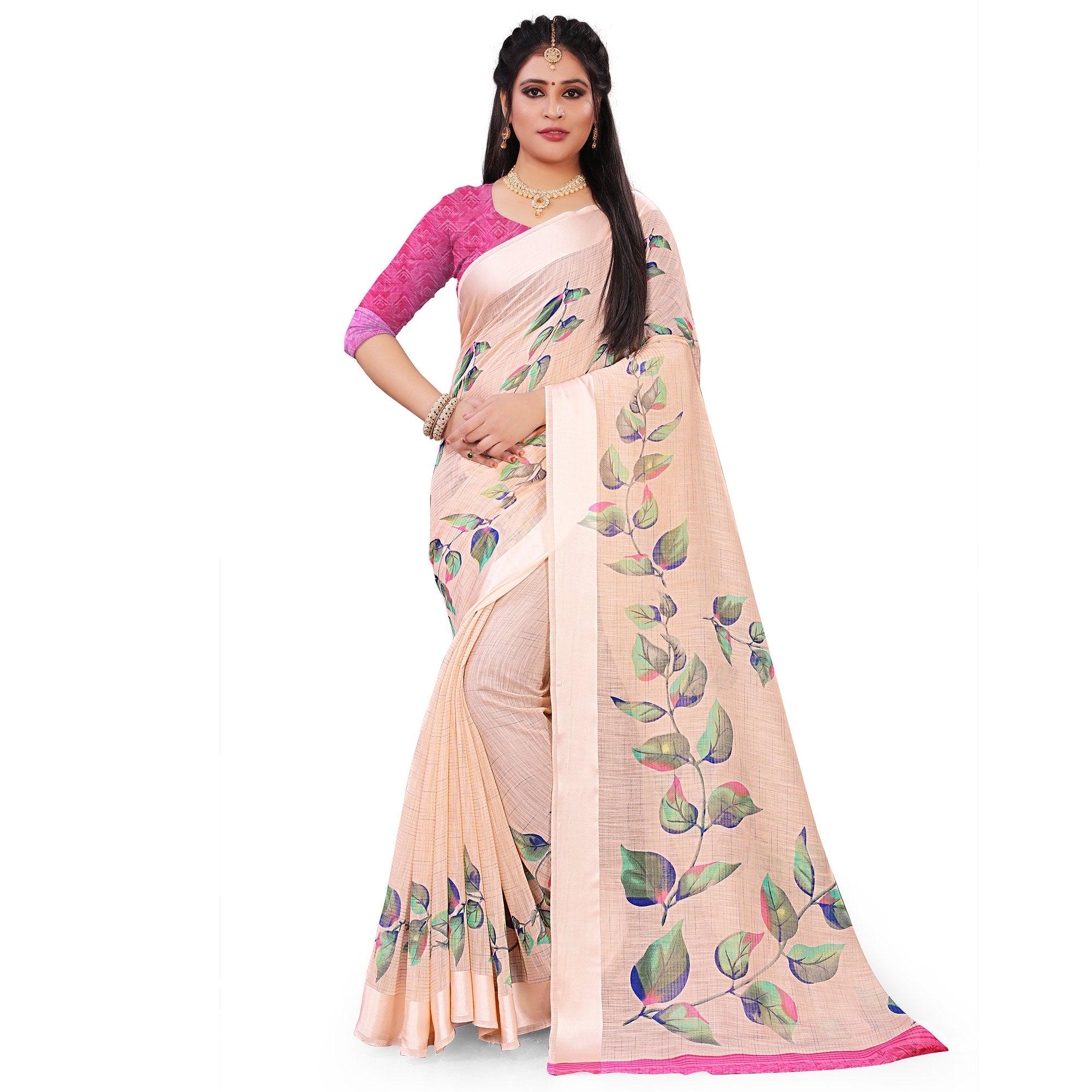 Pleasant Peach Colored Casual Floral Printed Linen Saree - Peachmode