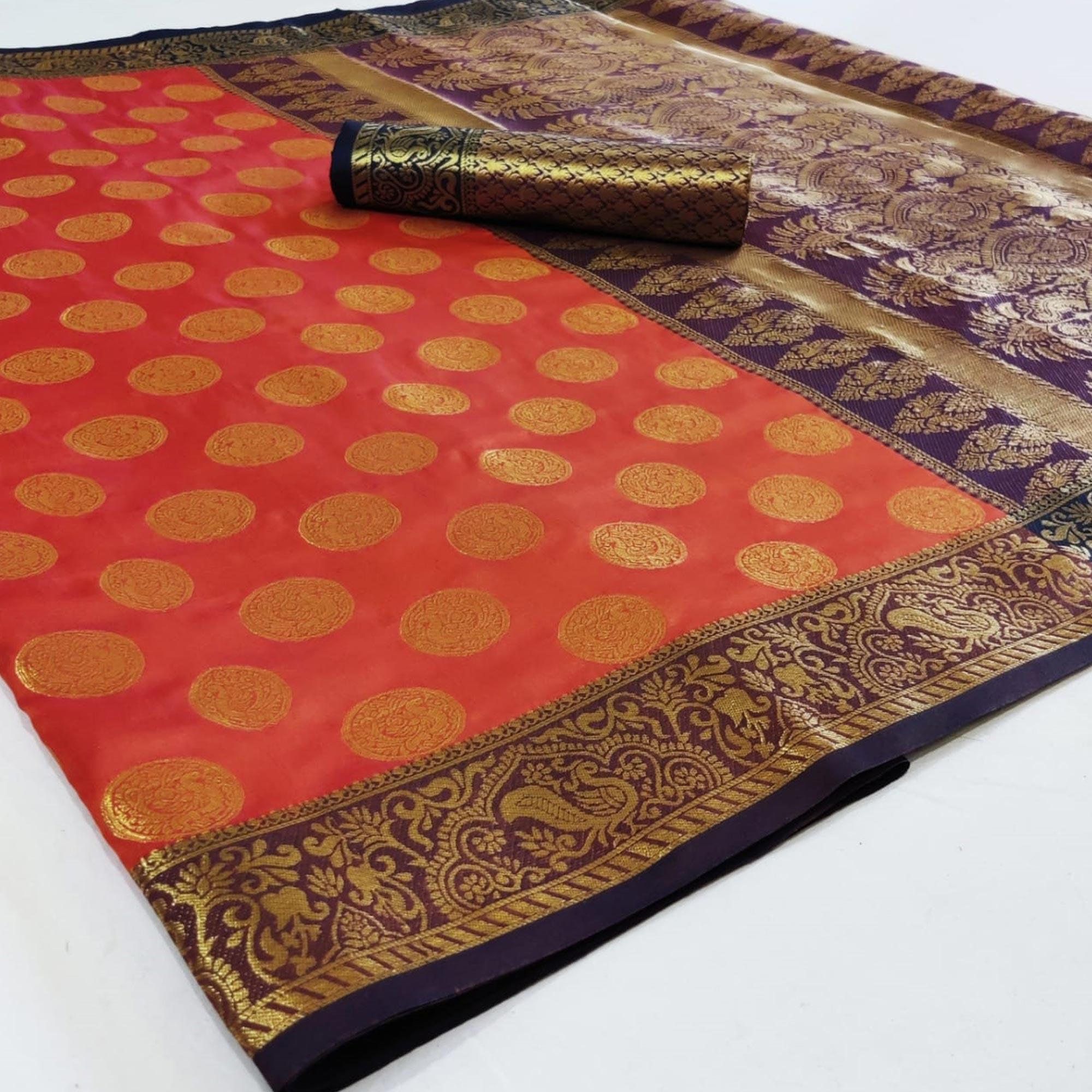 Pleasant Peach Colored Festive Wear Woven Heavy Silk Saree - Peachmode
