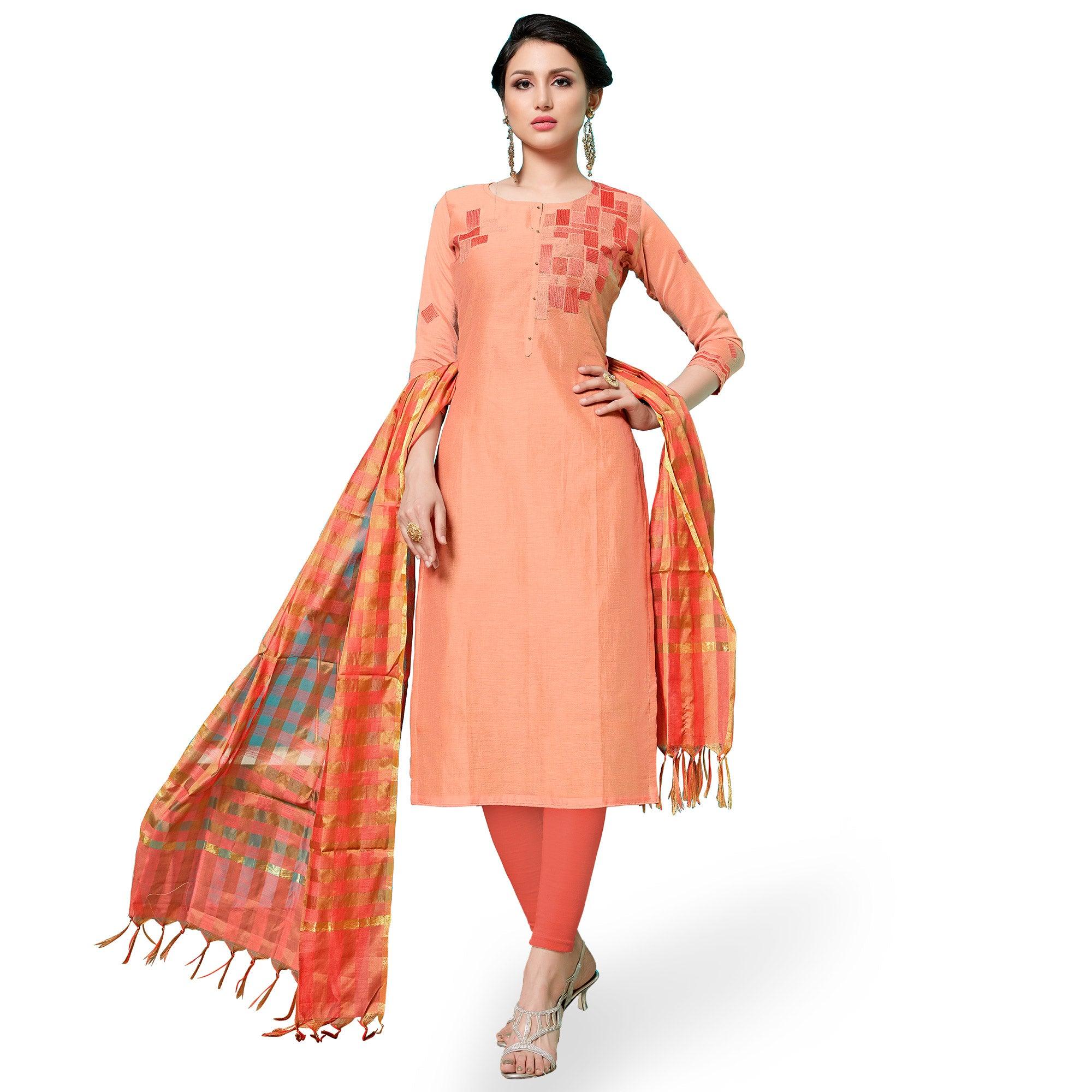 Pleasant Peach Colored Partywear Embroidered Cotton Dress Material - Peachmode