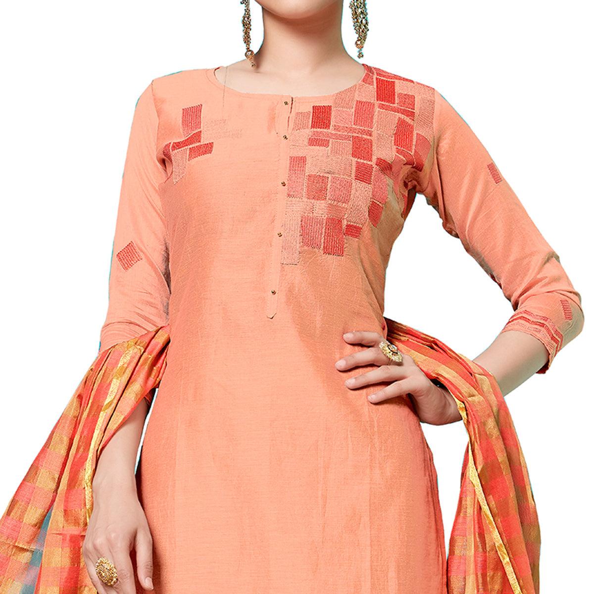 Pleasant Peach Colored Partywear Embroidered Cotton Dress Material - Peachmode