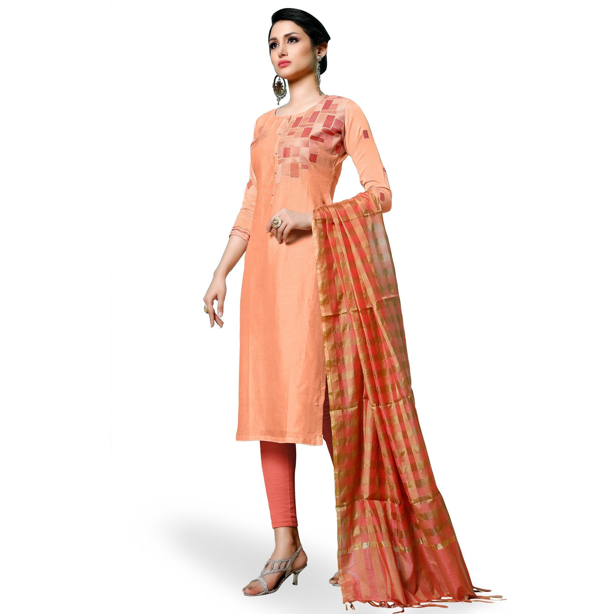 Pleasant Peach Colored Partywear Embroidered Cotton Dress Material - Peachmode