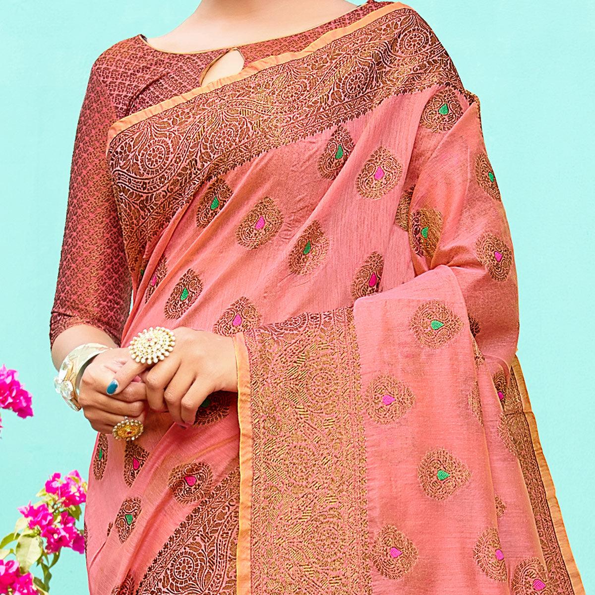 Pleasant Peach Festive Wear Woven Designer Silk Saree - Peachmode