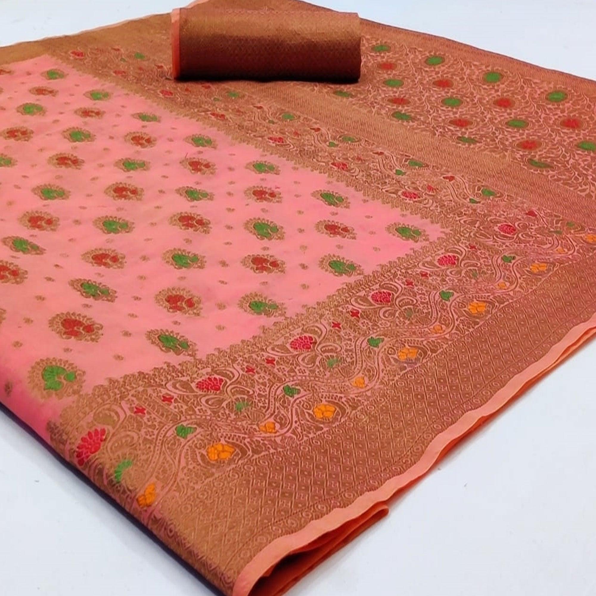 Pleasant Pink Colored Festive Wear Woven Cotton Saree - Peachmode