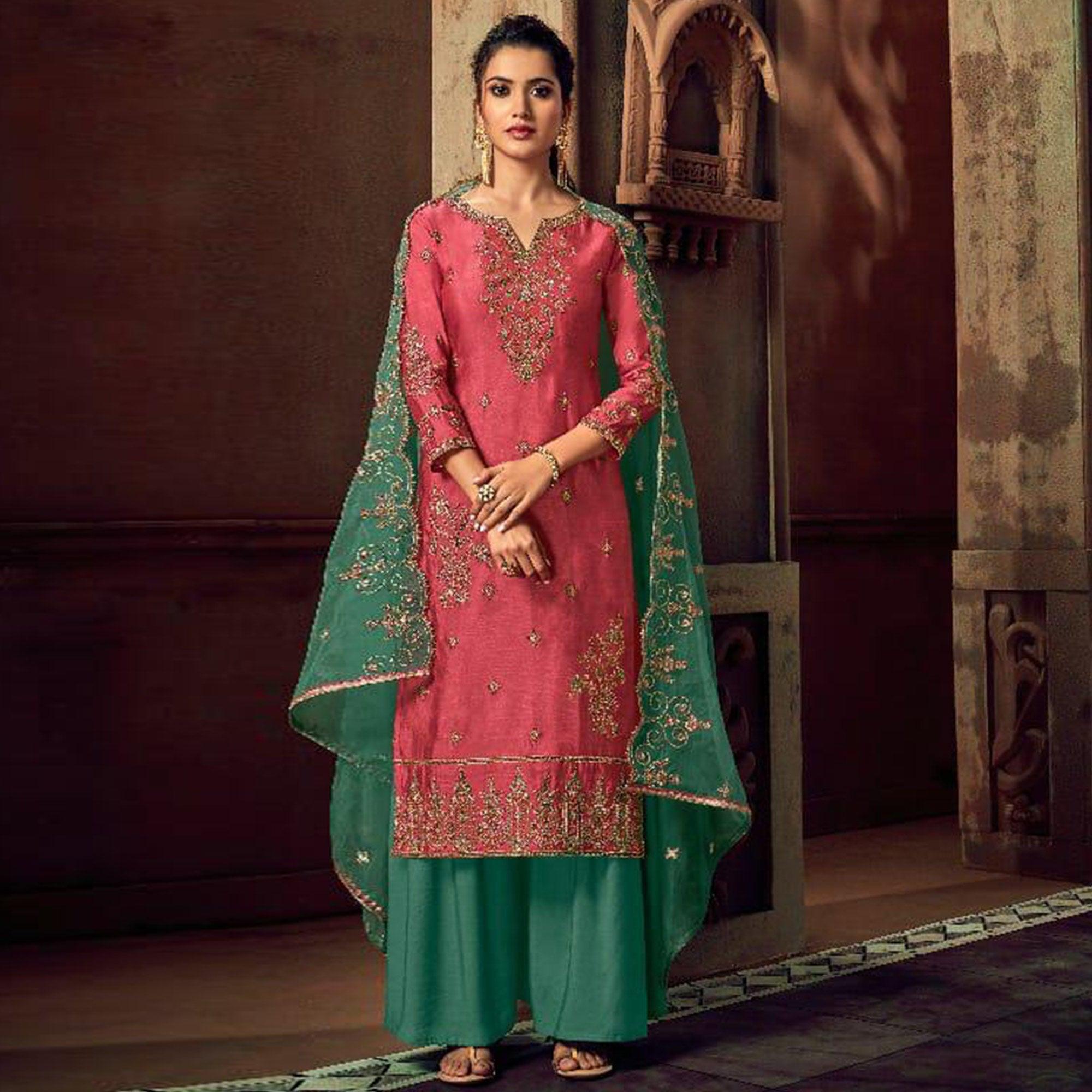 Pleasant Pink Colored Party Wear Embroidered Tussar Silk Palazzo Suit - Peachmode