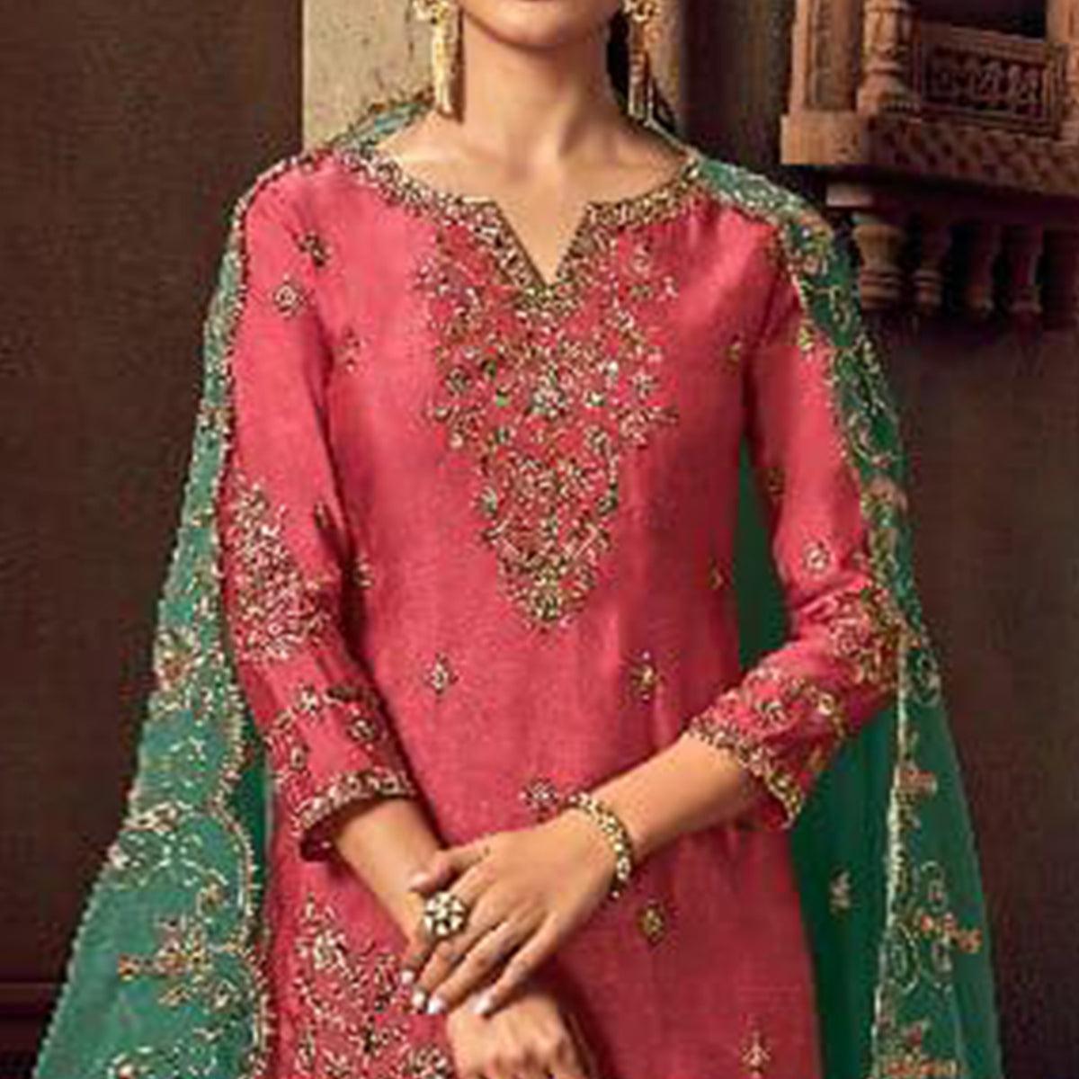Pleasant Pink Colored Party Wear Embroidered Tussar Silk Palazzo Suit - Peachmode