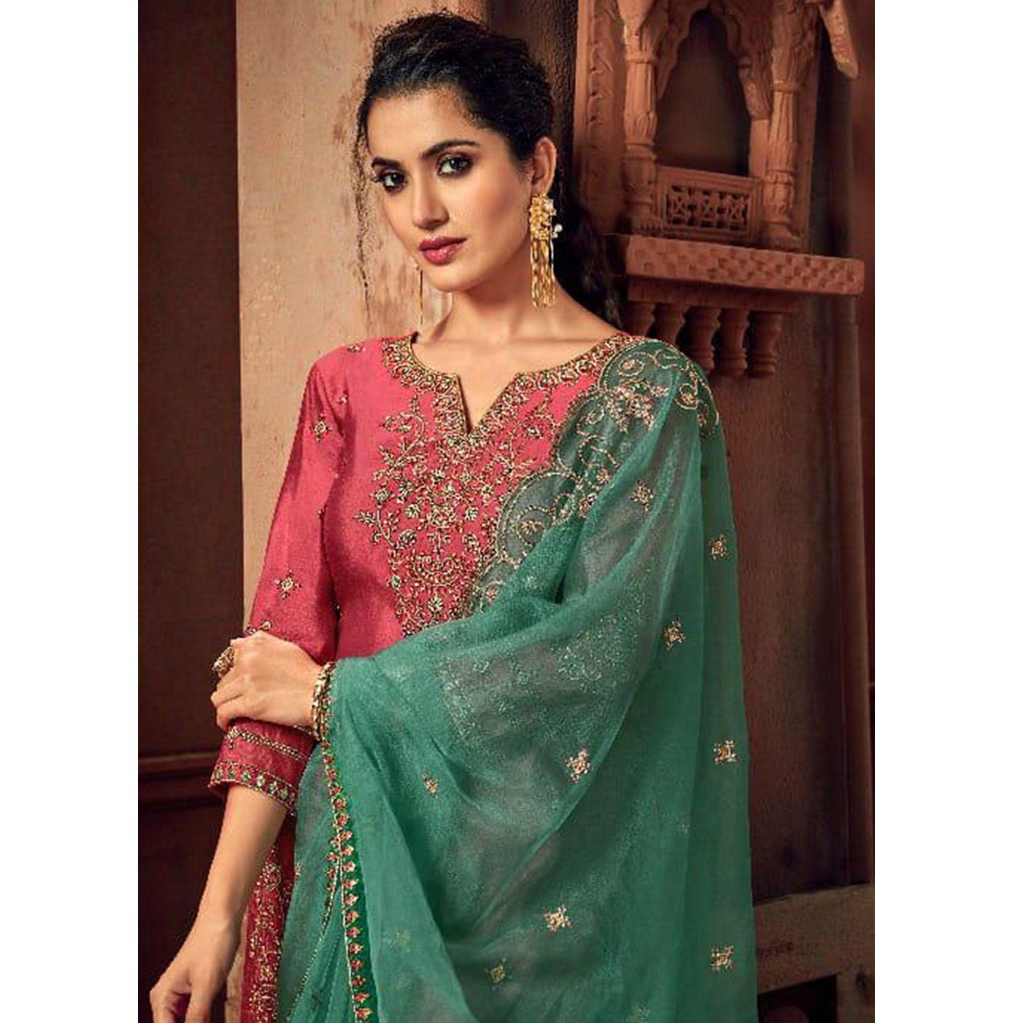 Pleasant Pink Colored Party Wear Embroidered Tussar Silk Palazzo Suit - Peachmode