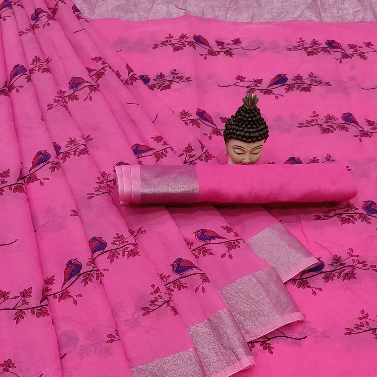 Pleasant Rani Pink Colored Casual Wear Block Printed Cotton Linen Saree - Peachmode
